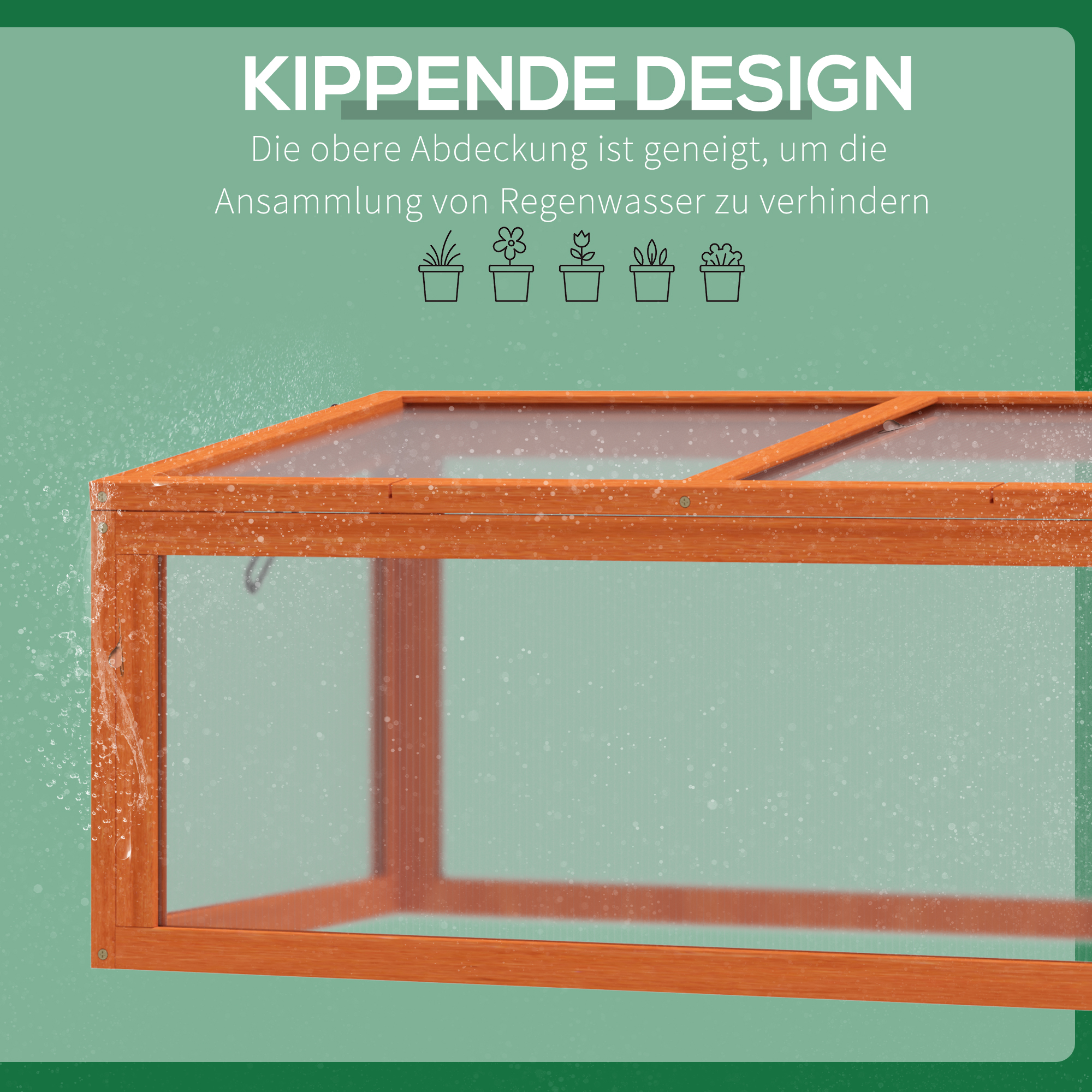 Frühbeet Holz und Polycarbonat Treibhaus 90 x 46 x 40 cm Gewächshaus mit Abdeckung wetterfest Frühbeetkasten für Garten Pflanzenbeet Orange