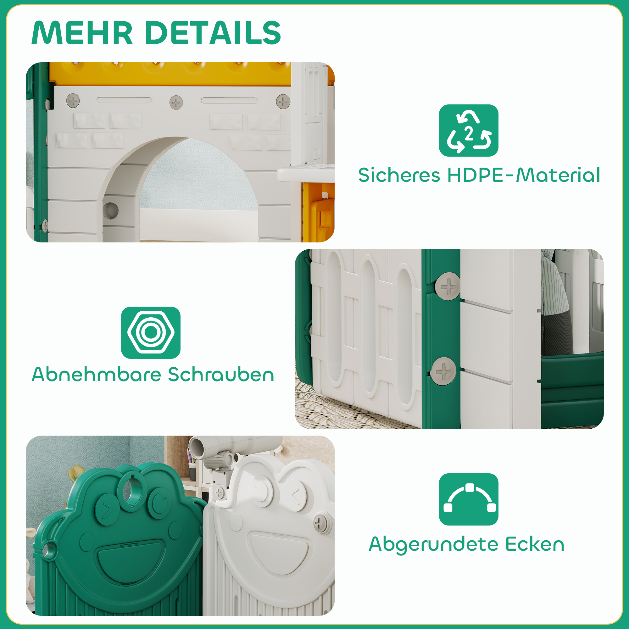 7-in-1 Kinderrutsche, Indoor-Spielplatz, Klettergerüst, Haus, Tafel, Basketballkorb, 1-4 Jahre, Kunststoff, Gelb+Grün