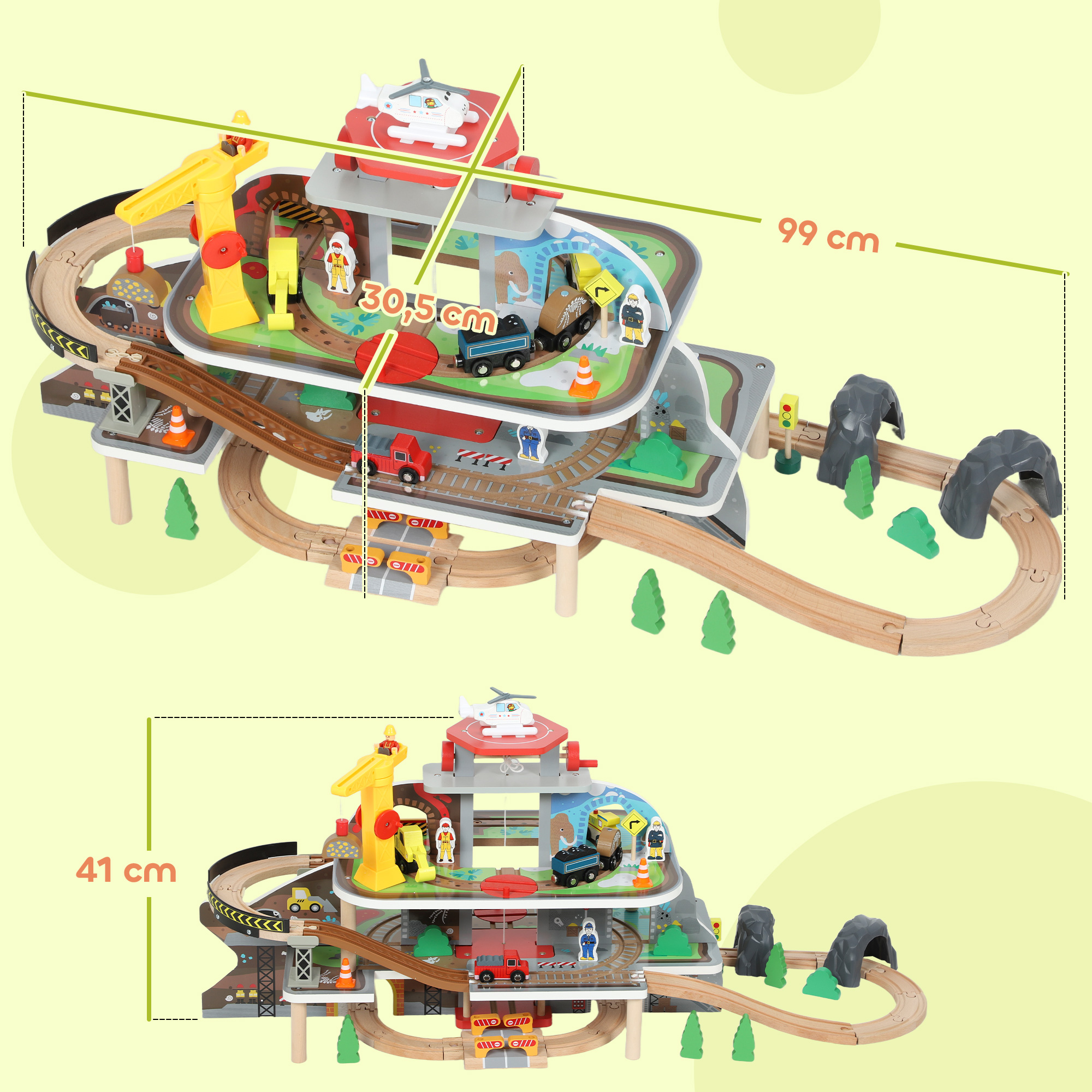 Eisenbahnset aus Holz, 79 Teile, 4 Ebenen, Aufzug, Kran, erweiterbar, Bunt