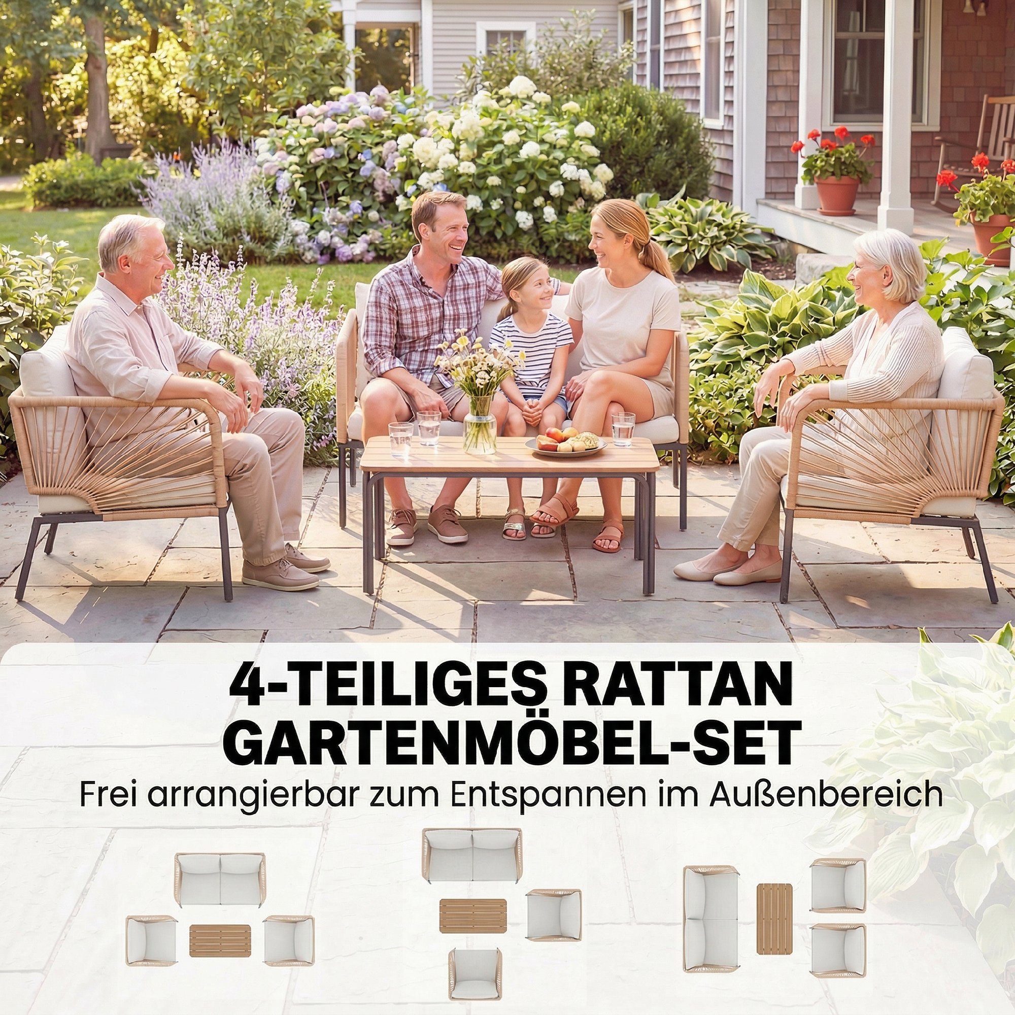 Gartenmöbel Set Sitzgruppe für 4 Personen Gartenlounge mit 2er Sofa 2 Sessel Lamell-Tisch Seilflecht waschbar Sitzkissen