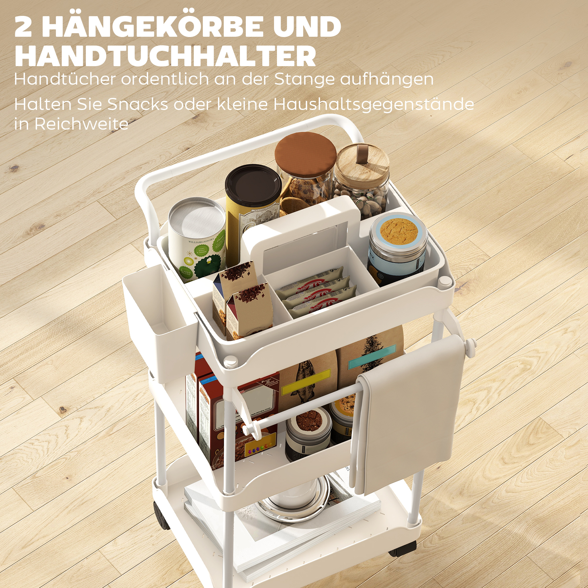 Aufbewahrungswagen, 3 Körbe, Handtuchhalter, Räder, Griff, Metallgestell, Weiß