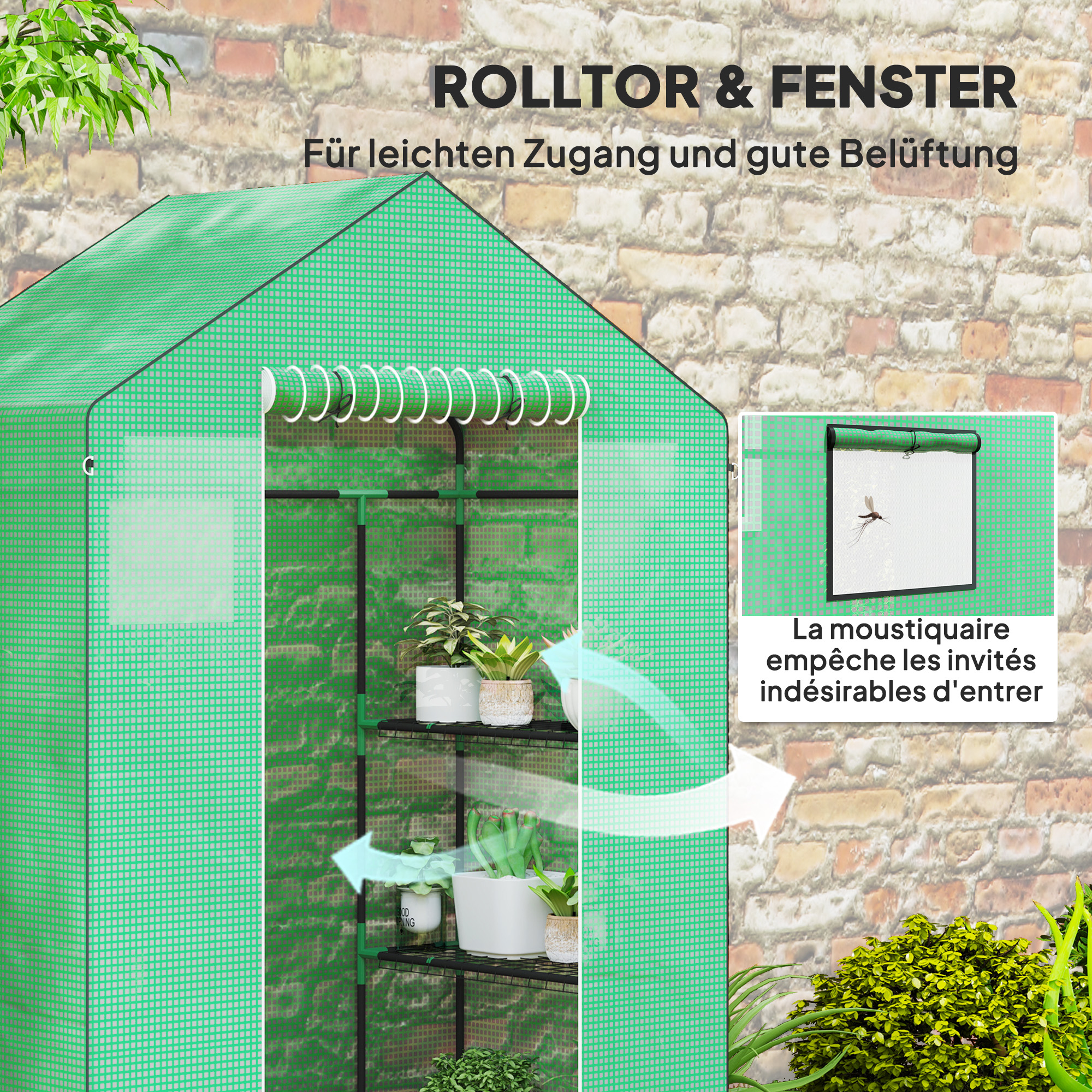Gewächshaus mit Regalen, Mini-Treibhaus, UV-beständig, Netzfenster, Reißverschlusstür, 143L x 74B x 190H cm, Grün