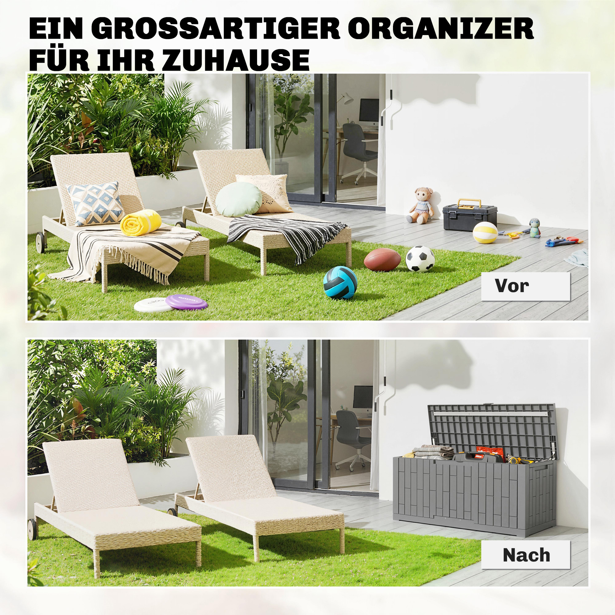 Gartenbox 379 Liter Wasserdicht Abschließbar UV-beständig Auflagenbox mit Holzoptik für Garten 122,5x56x62cm Grau