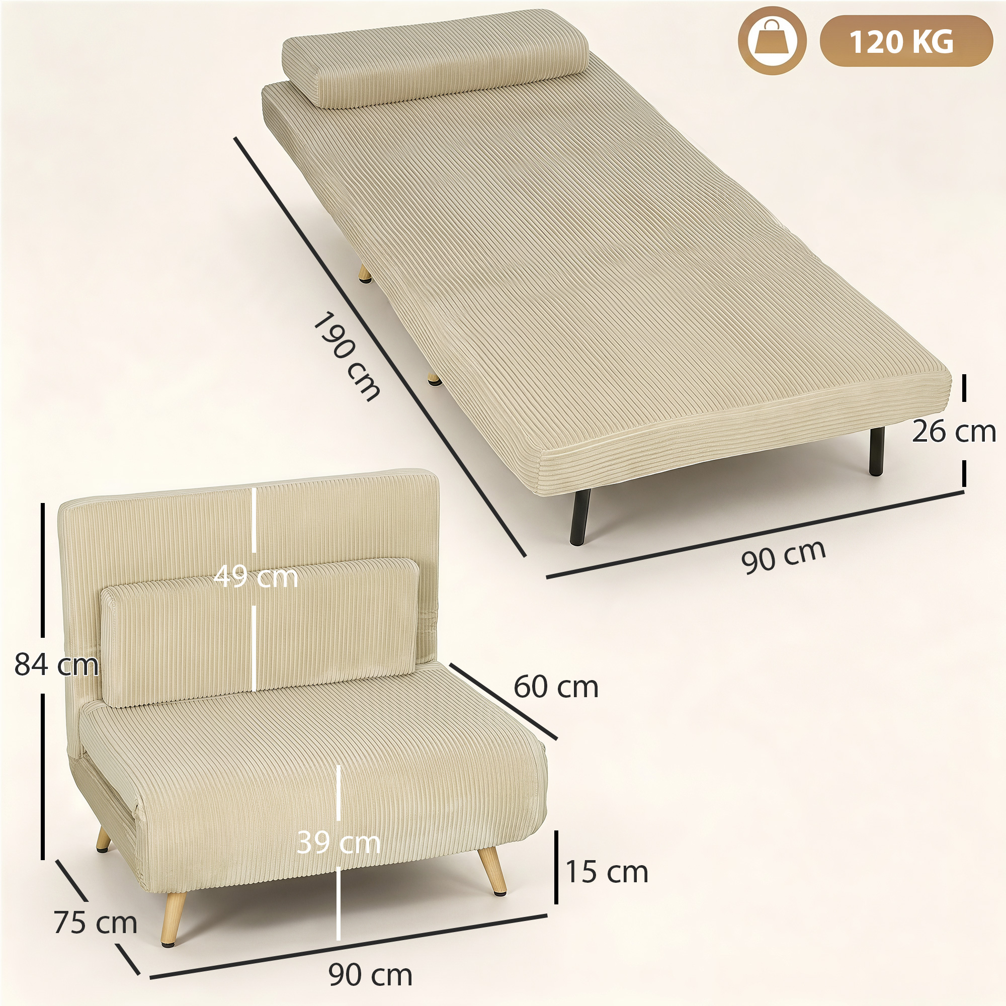 Schlafsessel 3-in-1, ausklappbarer Sessel aus Cord mit Schlaffunktion verstellbare Rückenlehne, Kissen, Beige