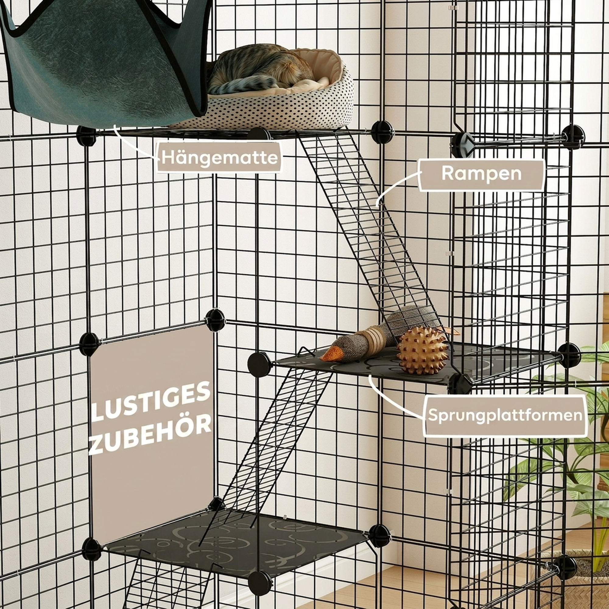 Indoor Katzenkäfig 140 cm, 4-stöckige Stahl-Katzengehege mit 5 Türen, Leitern, Hängematte und Plattform, DIY Schwarz