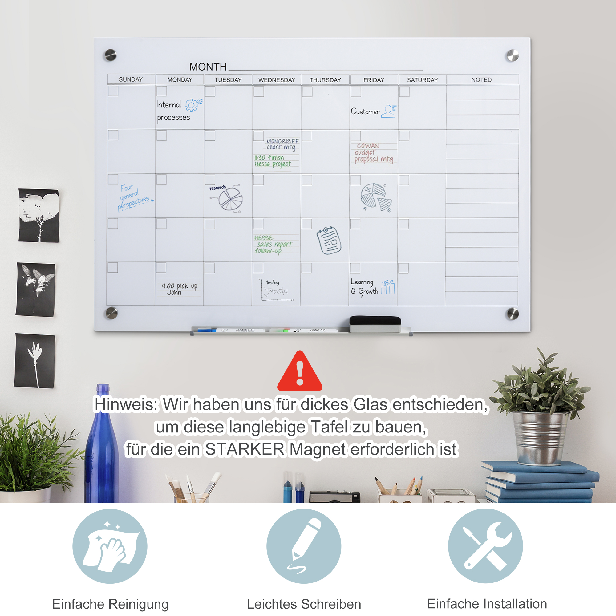Whiteboard Kalender 90 x 60cm Wandkalender mit Stiftablage Trocken Abwischbar Wochenplaner mit 4 Stifte, Radierer, Monatskalender für Büro Schule Küche Zuhause