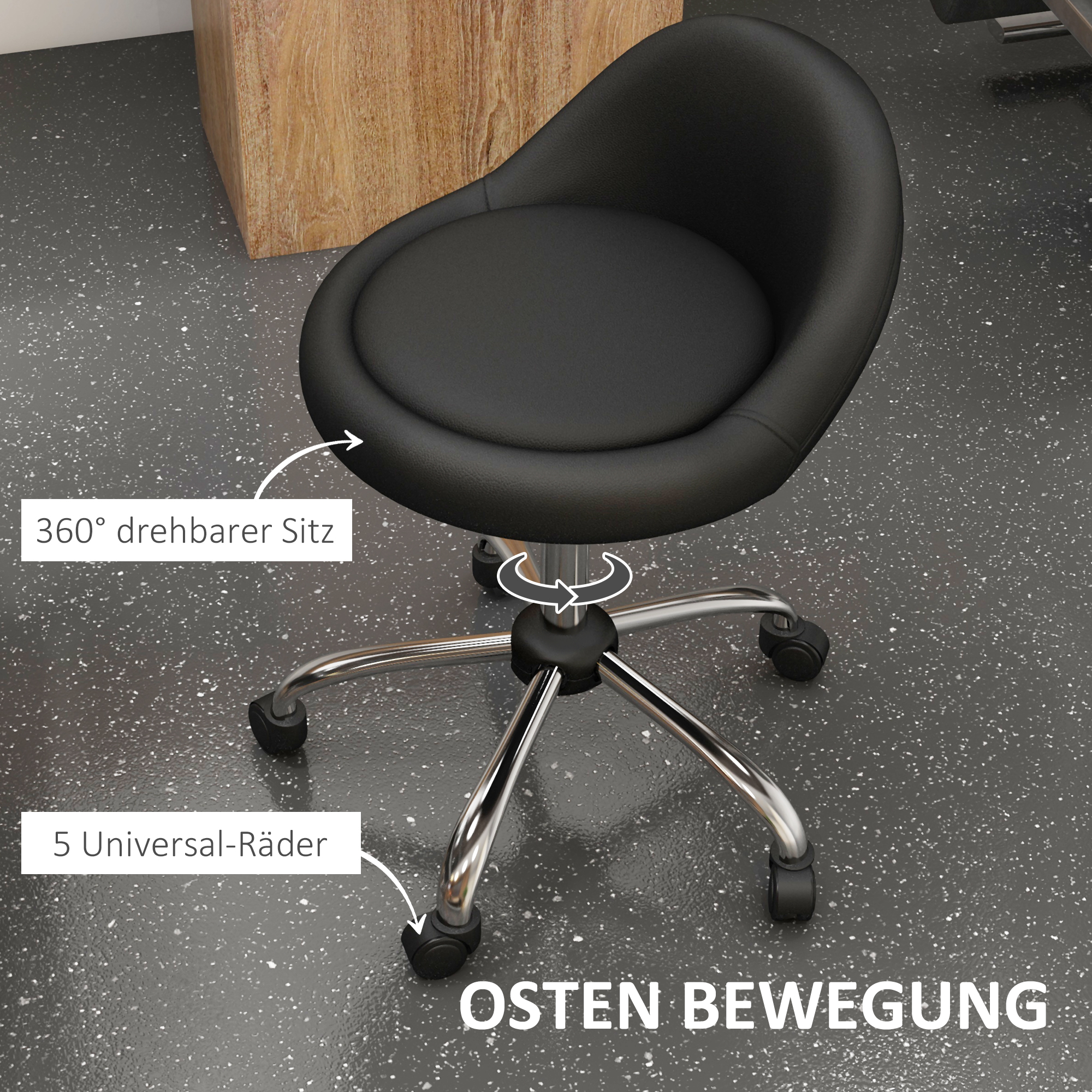 Arbeitshocker Drehhocker Rollhocker, höhenverstellbar, drehbare Sitzfläche, 50cm x 50 cm x 83 cm, Schwarz + Silber