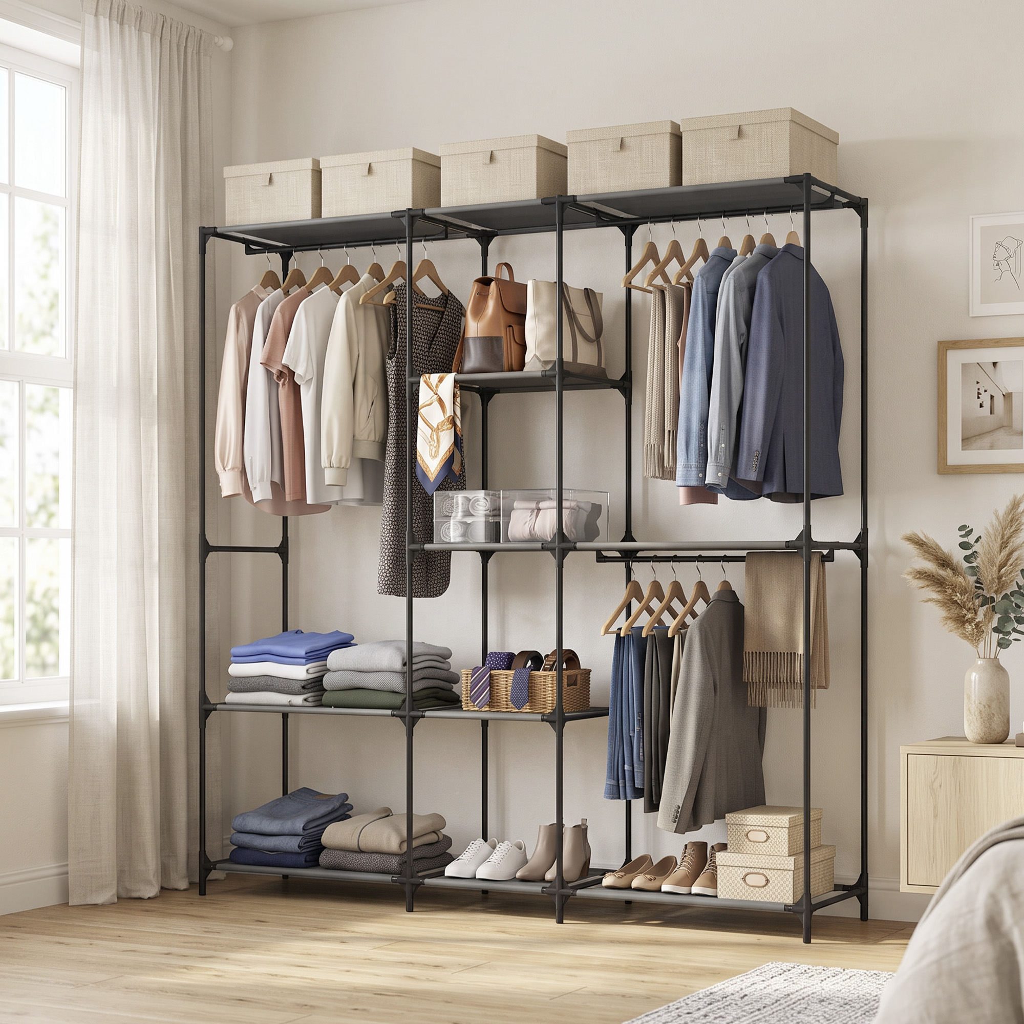 Textil-Kleiderschrank, tragbar, werkzeuglos, mit 3 Kleiderstangen und 5 Ablagen, 182 x 43 x 182 cm, Schwarz