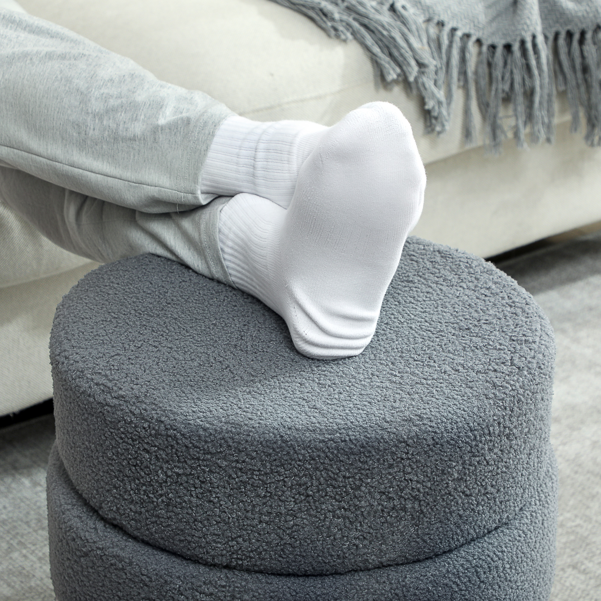 Hocker, rund, Teddyfleece, bis 120kg, ?40x45H cm, Dunkelgrau