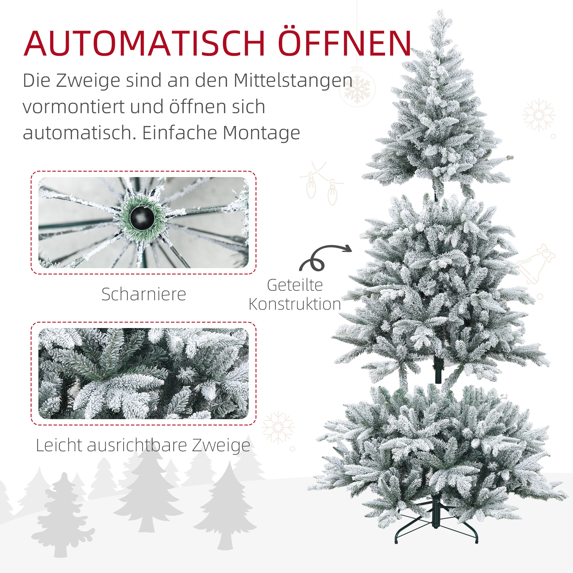 Weihnachtsbaum 180 cm, schneebedeckt, flammhemmend, Metallfuß, formbare Äste, Grün