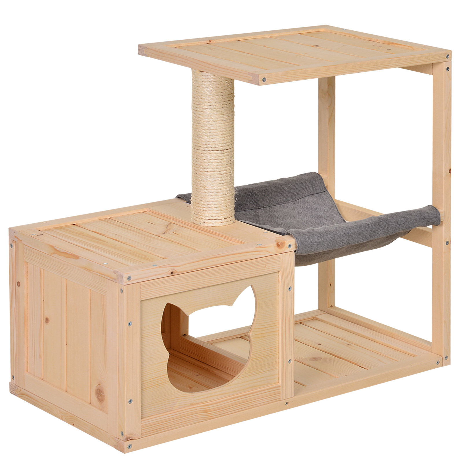 Katzenhaus mit Hängematte, Katzenkiste mit Sisalstamm, Katzenhöhle, Katzenbaum, Katzenaktivitätszentrum, Tannenholz, Natur, 70 x 35 x 60 cm Katzenhaus mit Hängematte, Katzenkiste mit Sisalstamm, Katzenhöhle, Katzenbaum, Katzenaktivitätszentrum, Tannenholz, Natur, 70 x 35 x 60 cm