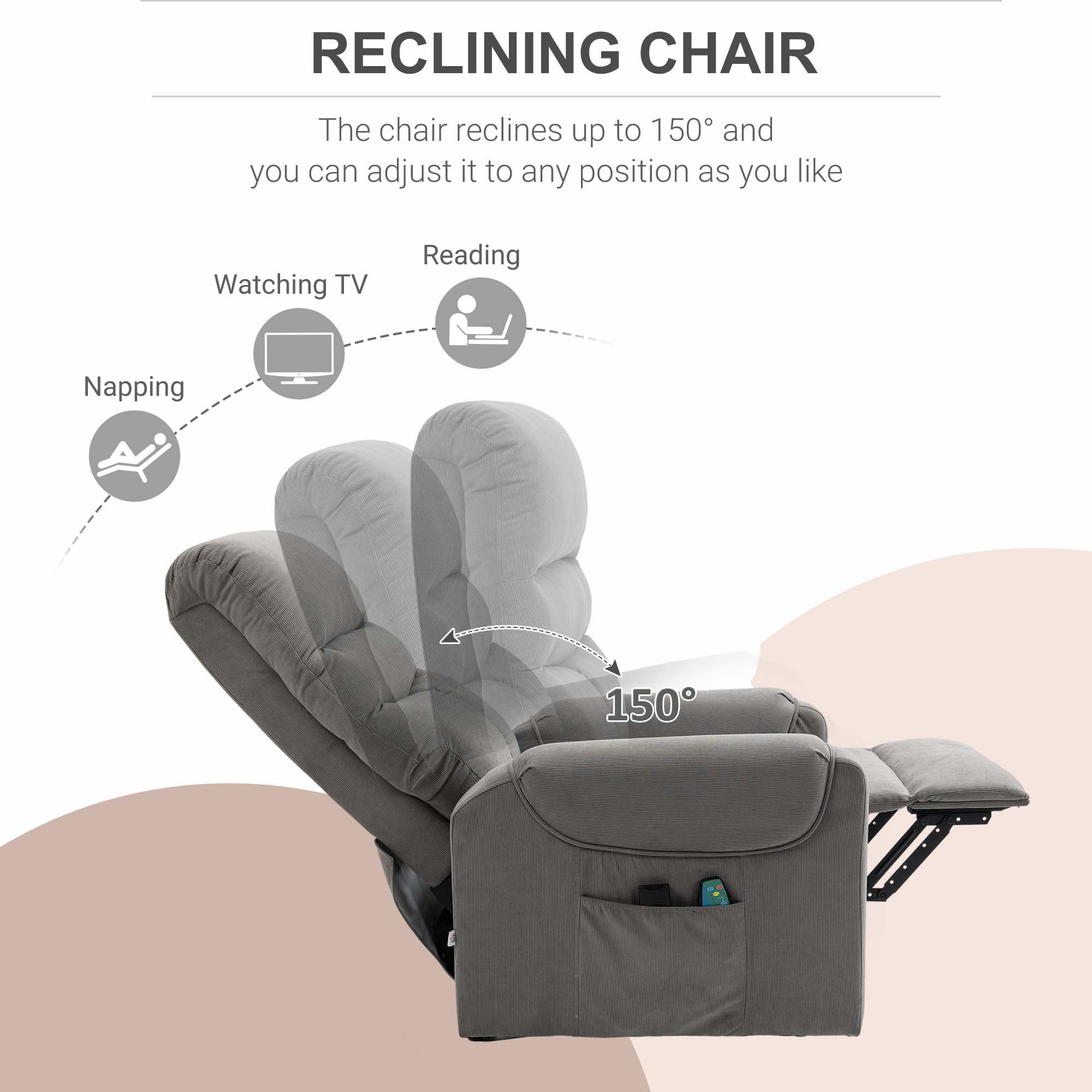 Fernsehsessel mit Aufstehhilfe Elektrisch, Massagesessel mit Liegefunktion und Wärmefunktion, Relaxsessel mit Fernbedienung und Seitentasche Verstellbar Polyester-Gewebe Dunkelgrau