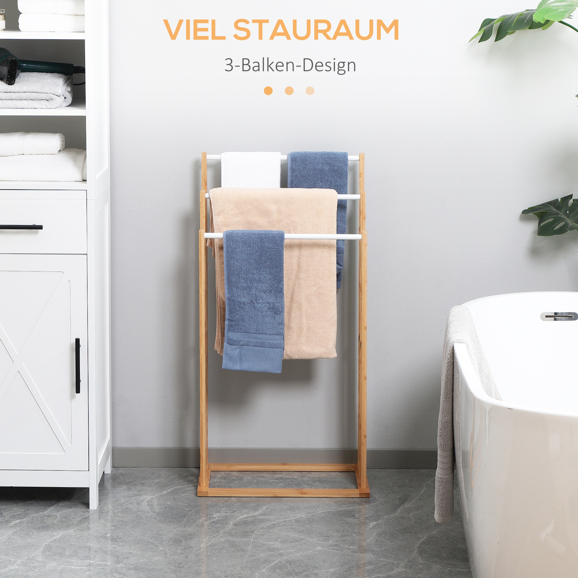 Handtuschständer aus Bambus. 3-teiliges Design, 3 Handtuchstangen 48 cm x 25,8 cm x 94 cm, Natur + Weiß