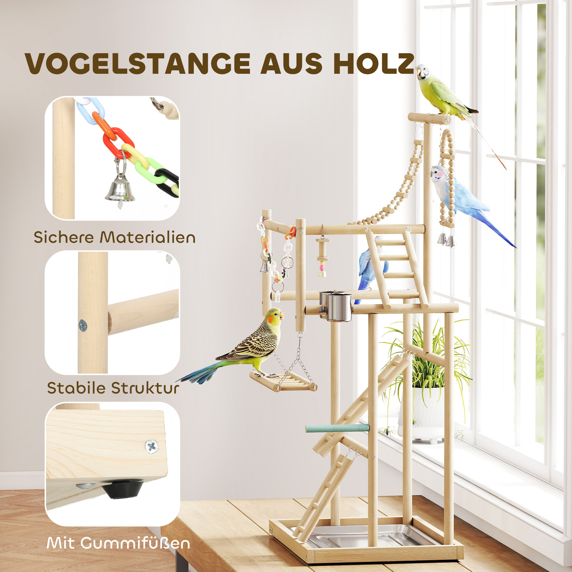 Vogelständer, Vogelstangen-Set, 4 Ebenen, Edelstahltablett, Spielzeug, Naturholz
