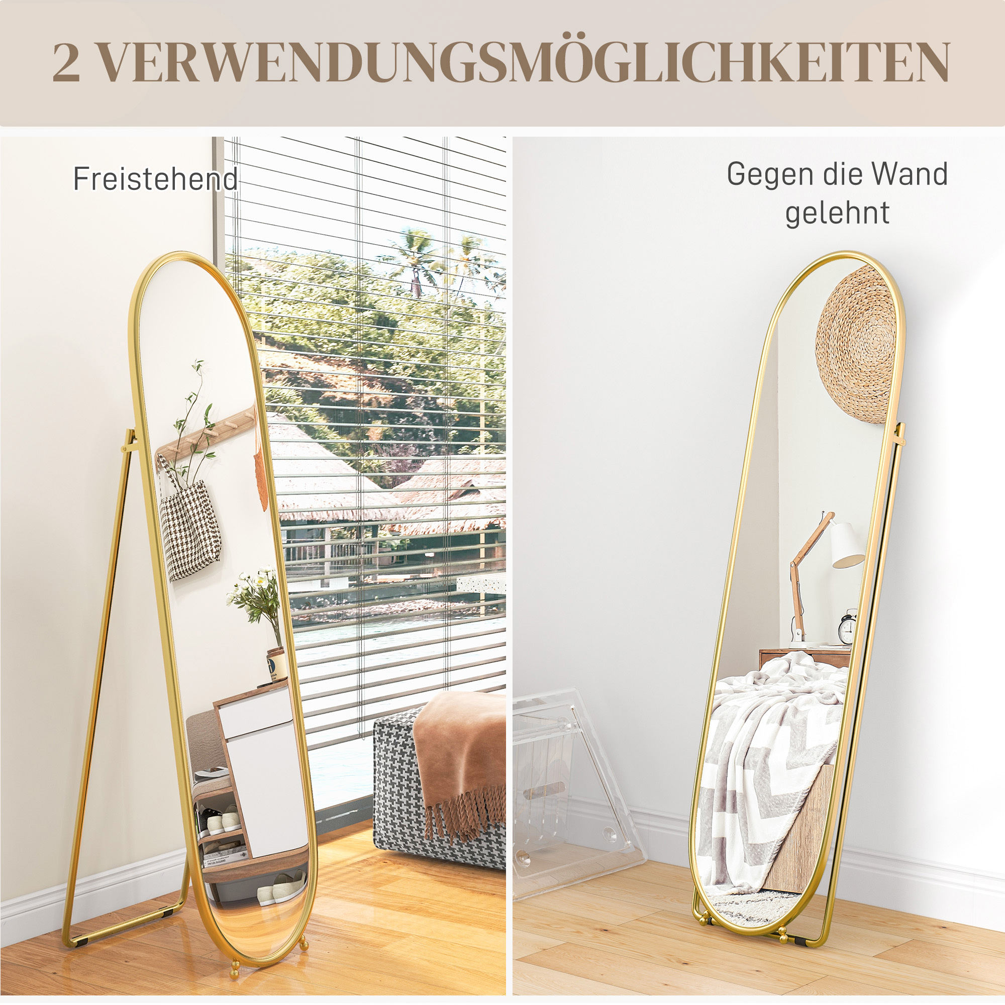 Ganzkörperspiegel, ovale Form, freistehend, Metallrahmen, 40x160cm, Farbe: Gold