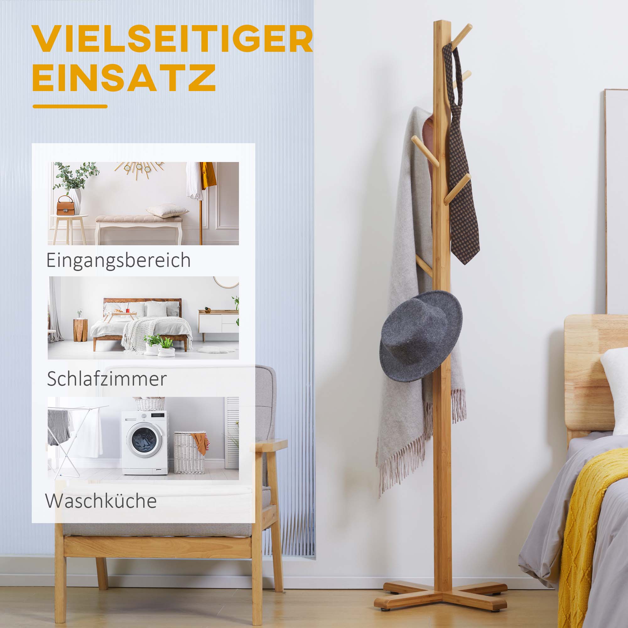 Garderobe Kleiderständer Hutständer, 8 Haken, 49,5 cm x 49,5 cm x 178 cm, Natur