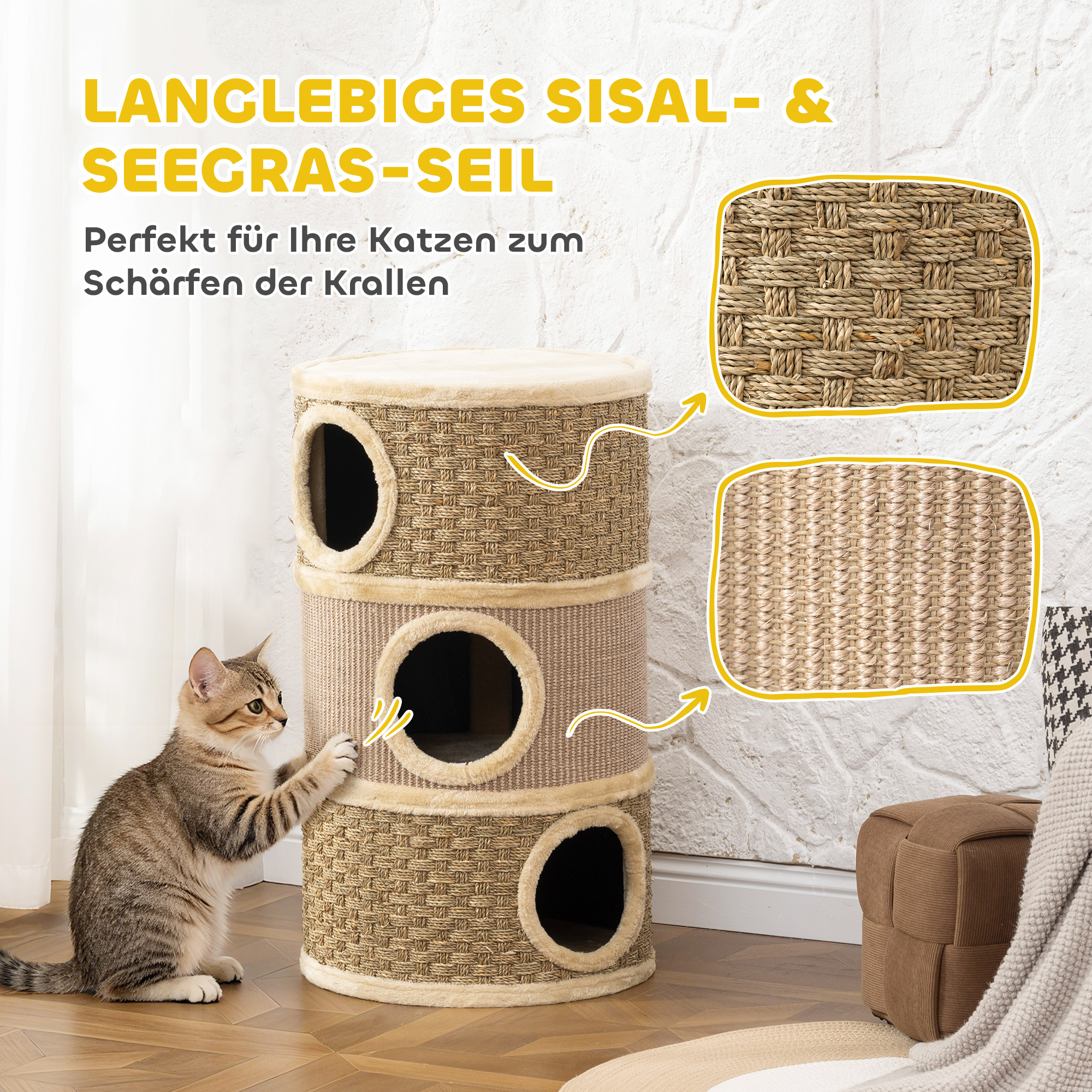 Kratztonne, 79 cm hoch, Ø45 cm, dreistöckige Katzentonne mit Sisalseil, Katzenhöhle, für große Katzen, Khaki+Braun