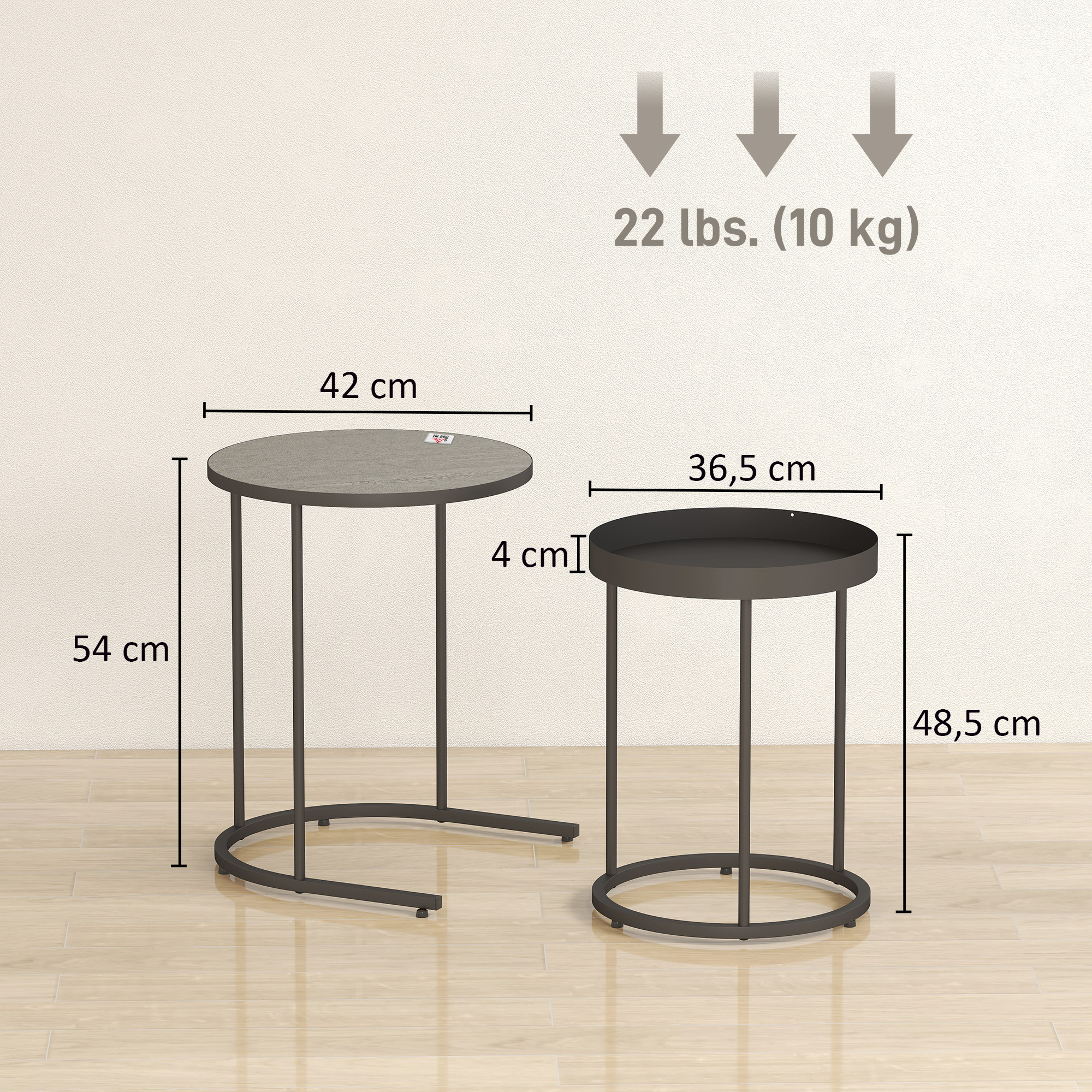 2er-Set Wohnzimmertische, ineinander verschiebbar, Tablett-Design, Metall, Grau