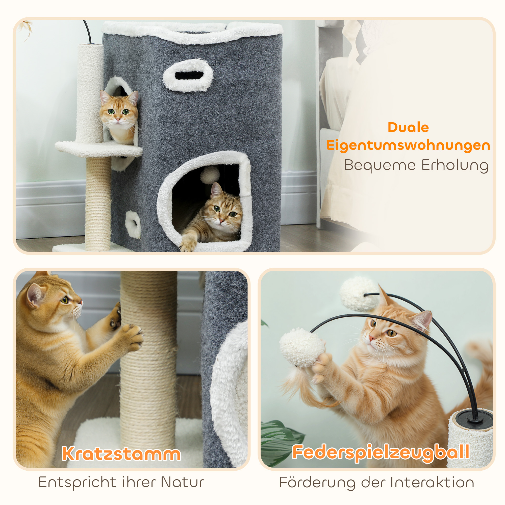 Katzenkratzbaum, Top-Liegefläche, 2-stöckiges Haus, Sisalpfosten, Grau