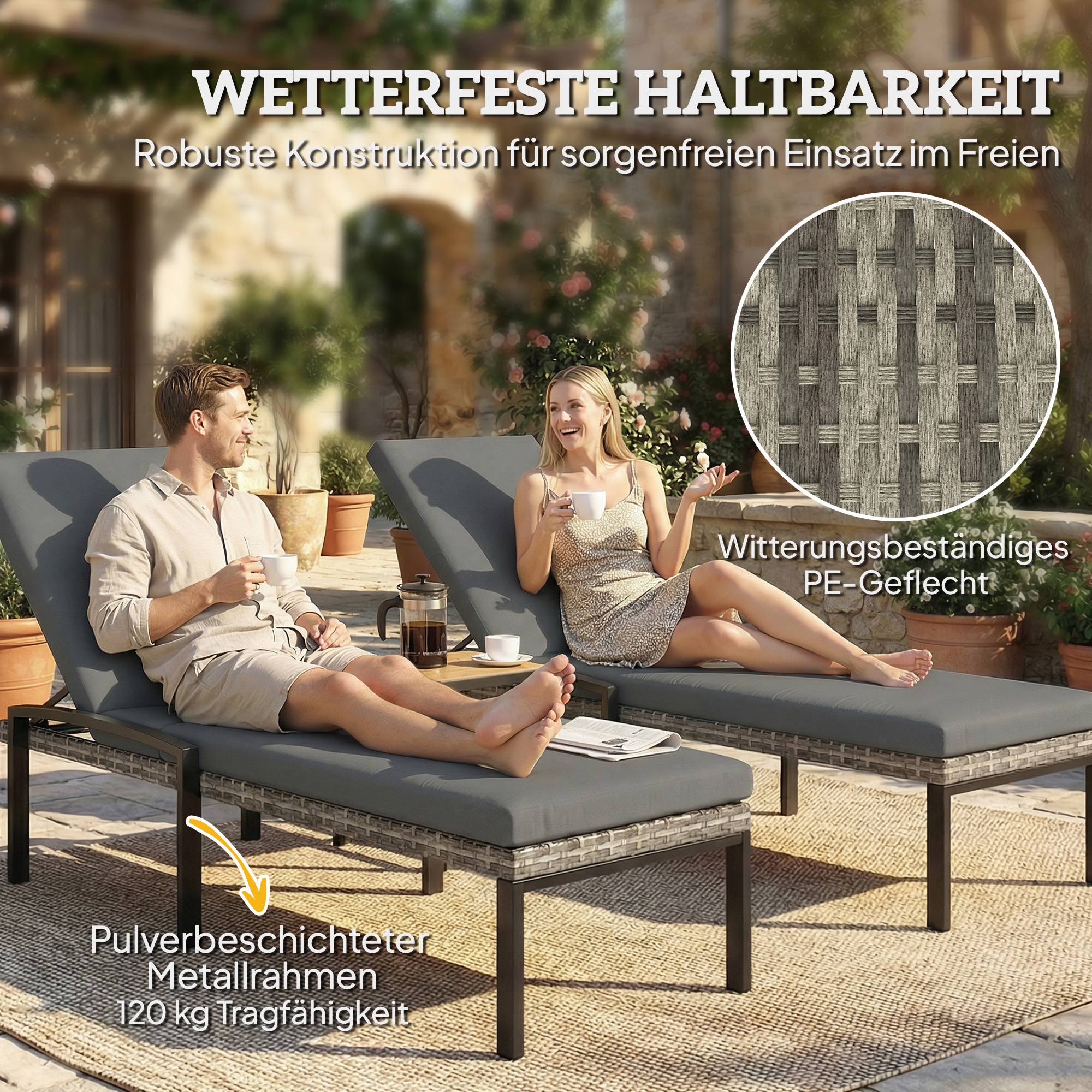 2er Set Sonnenliege Polyrattan Gartenliege mit 5-Fach verstellbar Rückenlehne Auflage bis 120kg Hellgrau