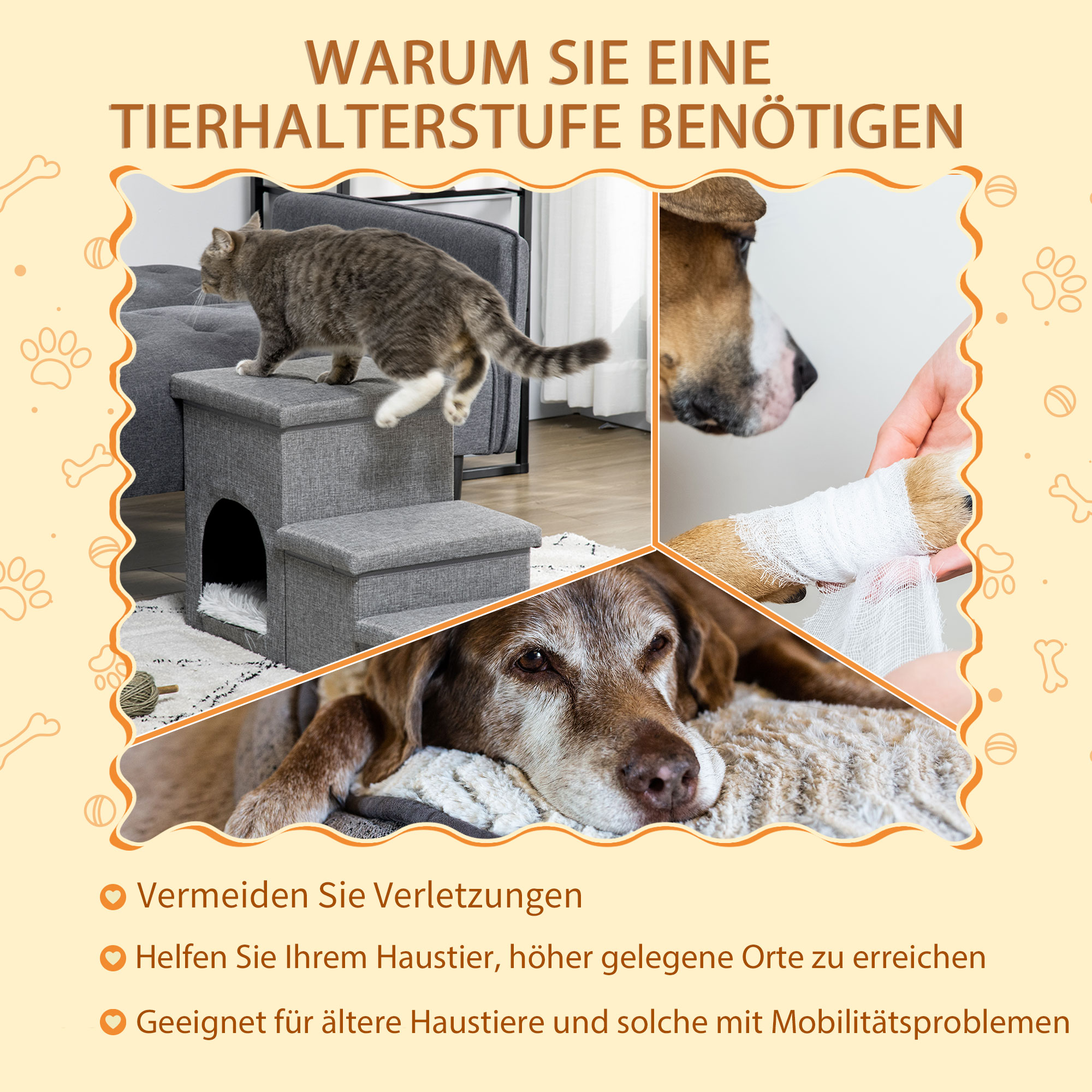 Haustiertreppe mit Haustierbett, inkl. versteckter Stauraum, 73,5 cm x 33 cm x 40,5 cm, Hellgrau