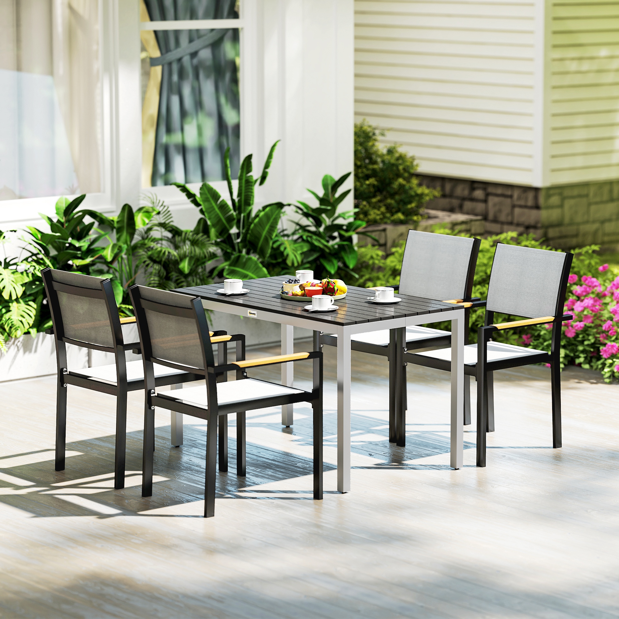 Gartentisch Aluminium 120x70 cm Wetterfest Balkontisch mit Holzoptik, für 4-6 Personen Schwarz