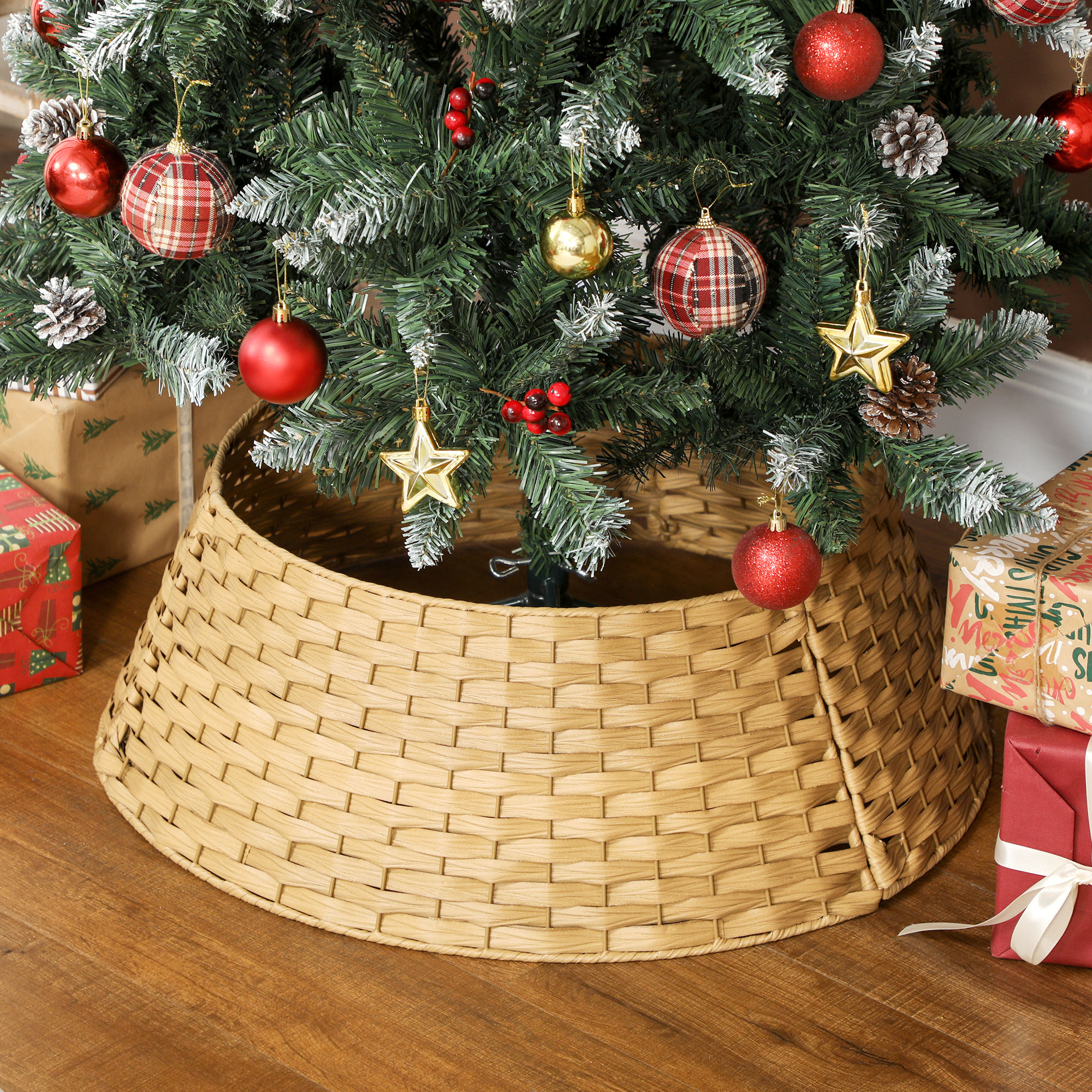 Weihnachtsbaumrock, Ø 68cm Weihnachtsbaum Kragen aus Kunststoff, für den Christbaum Ständer, Weihnachtsbaumständer Abdeckung für Zuhause, Party, Dekoration, Naturholz