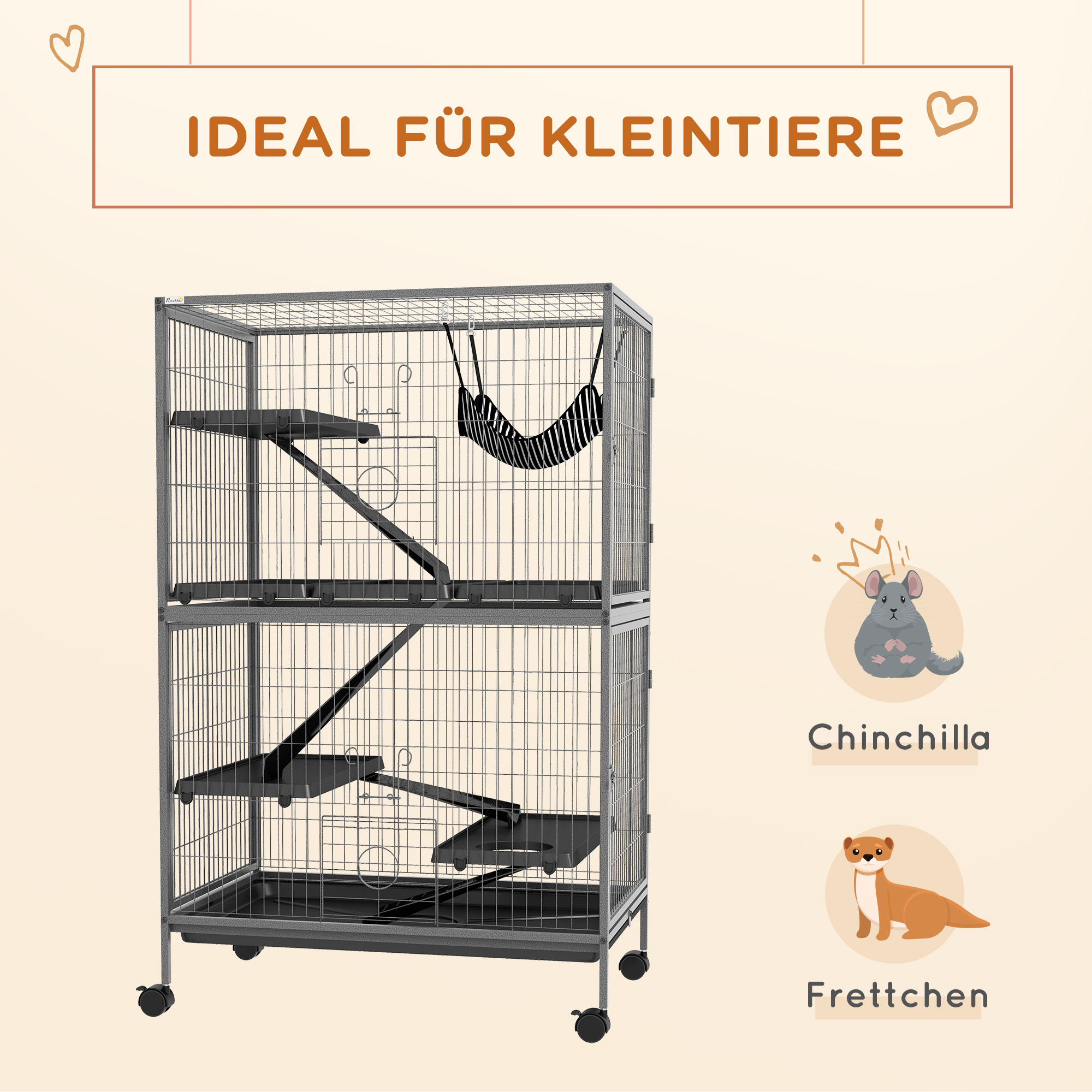 Kleintierkäfig mit Hängematte, Nagetierkäfig mit Rollen, 4-stöckiger Käfig, Metall, Kunststoff, 80 x 52 x 128 cm, Grau