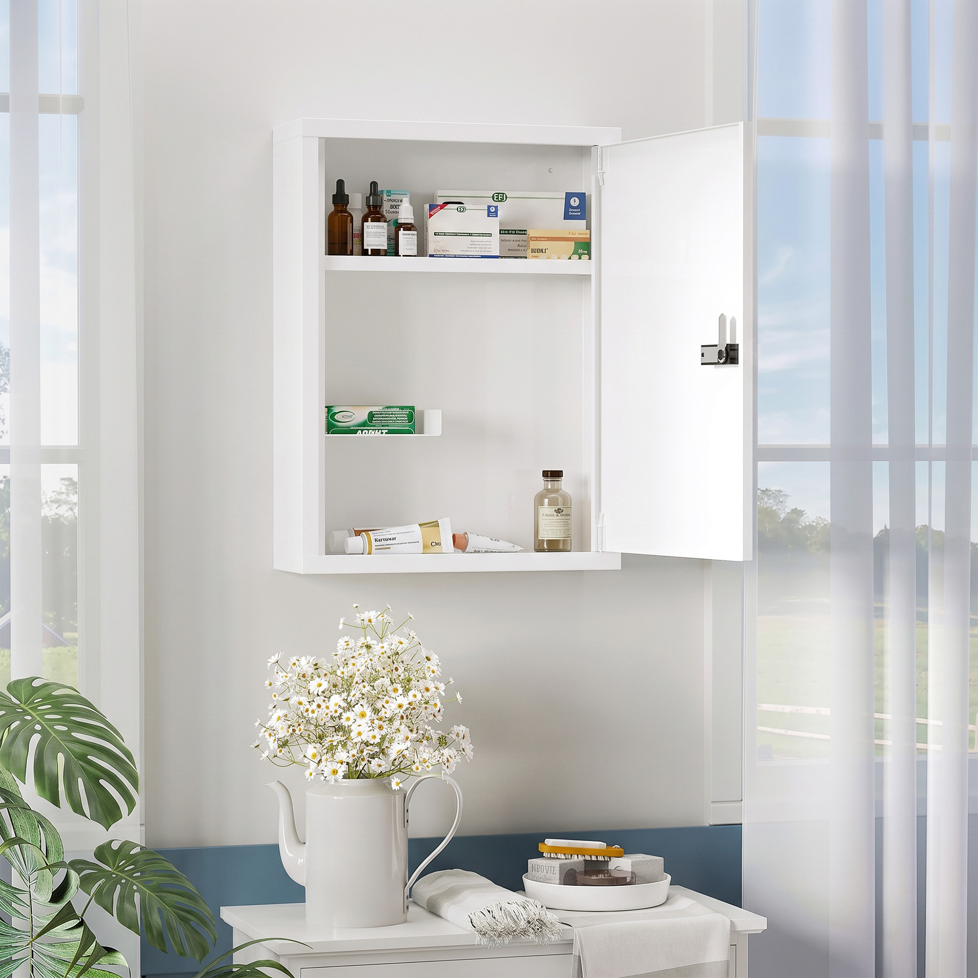 Medizinschrank zur Wandmontage, Badezimmerschrank mit Zahlenschloss, Tür und Ablagefächern, Weiß