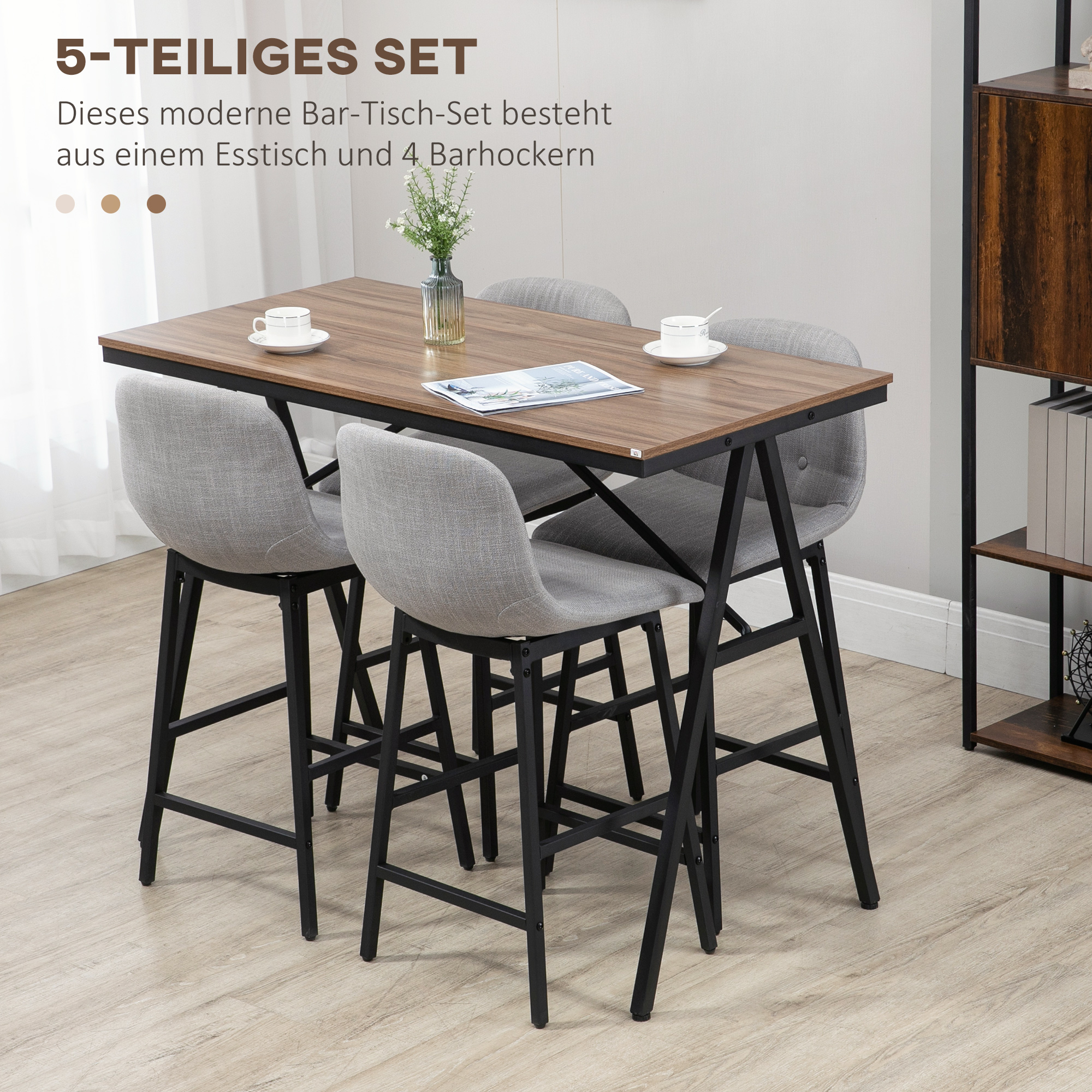 Bartisch mit Barhockern im Industrie-Design, Knopfheftung, 120 cm x 60 cm x 91 cm, Hellgrau
