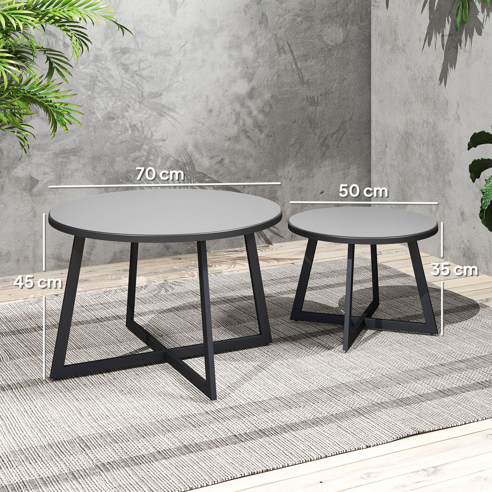 2er Set Beistelltisch Stapelbar Gartentisch Rund wetterfest Balkontisch mit X-Beine Glasplatte Stahl Schwarz+Grau