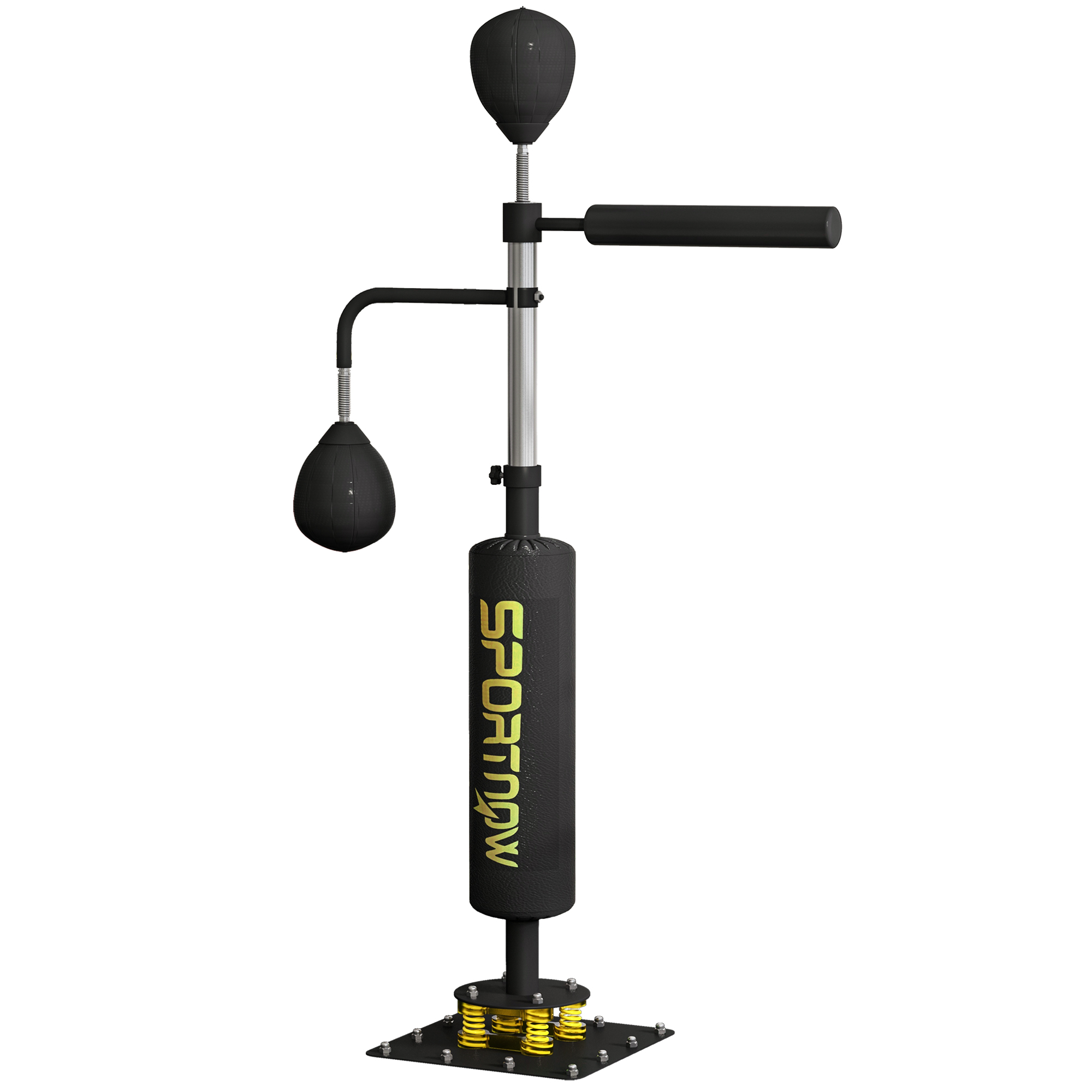 Boxstand, zwei Speedballs, drehbare Boxstange, Kickpolster, höhenverstellbar, Stahl, 107 x 36 x 140-205 cm, Schwarz Boxstand, zwei Speedballs, drehbare Boxstange, Kickpolster, höhenverstellbar, Stahl, 107 x 36 x 140-205 cm, Schwarz