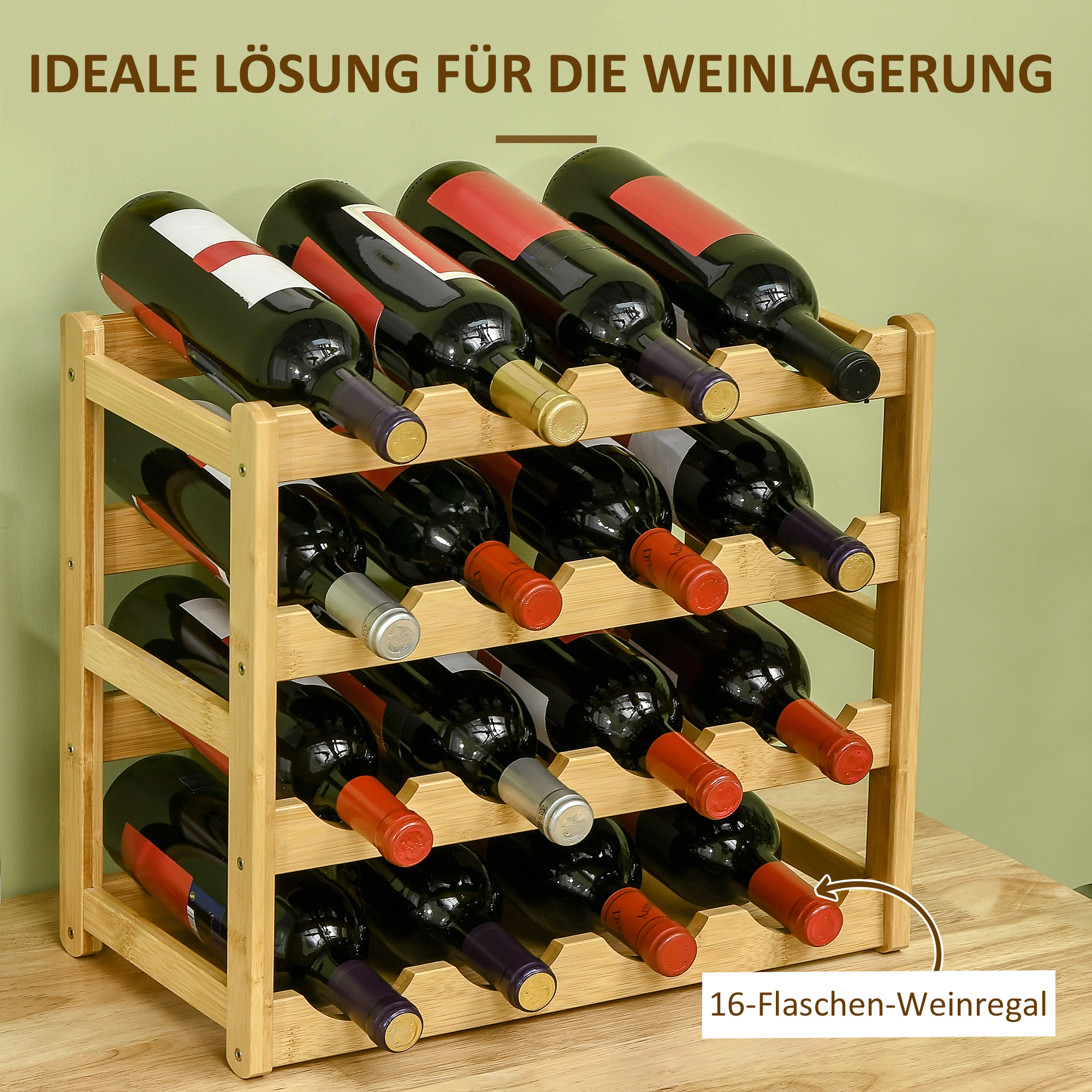 Weinregal aus Bambus für 16  Weinflaschen, 4 Regale, 43 cm x 23,5 cm x 38 cm Natur