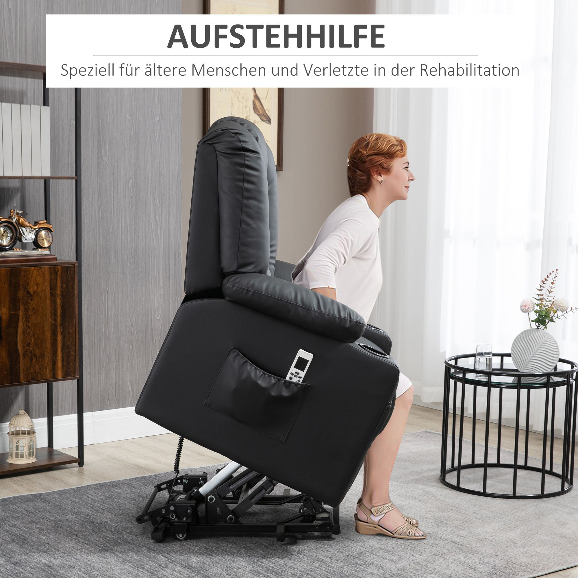 Relaxsessel mit Aufstehhilfe, USB, Massagefunktion, Kunstleder, bis 150 kg, 90x98x102 cm, Schwarz