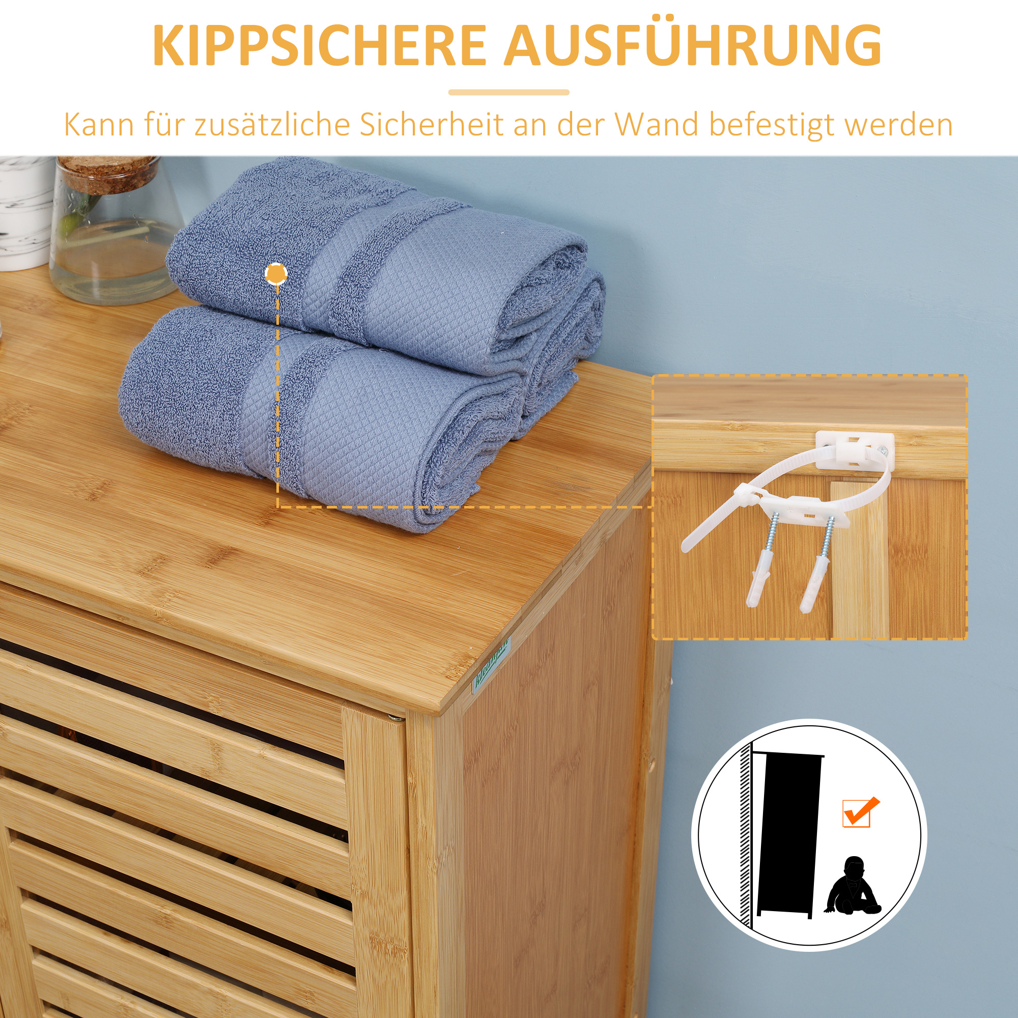 Badezimmerschrank, Bambusschrank mit Lamellendesign für Badezimmer, Flur, kompakte Größe, viel Stauraum, Naturholz