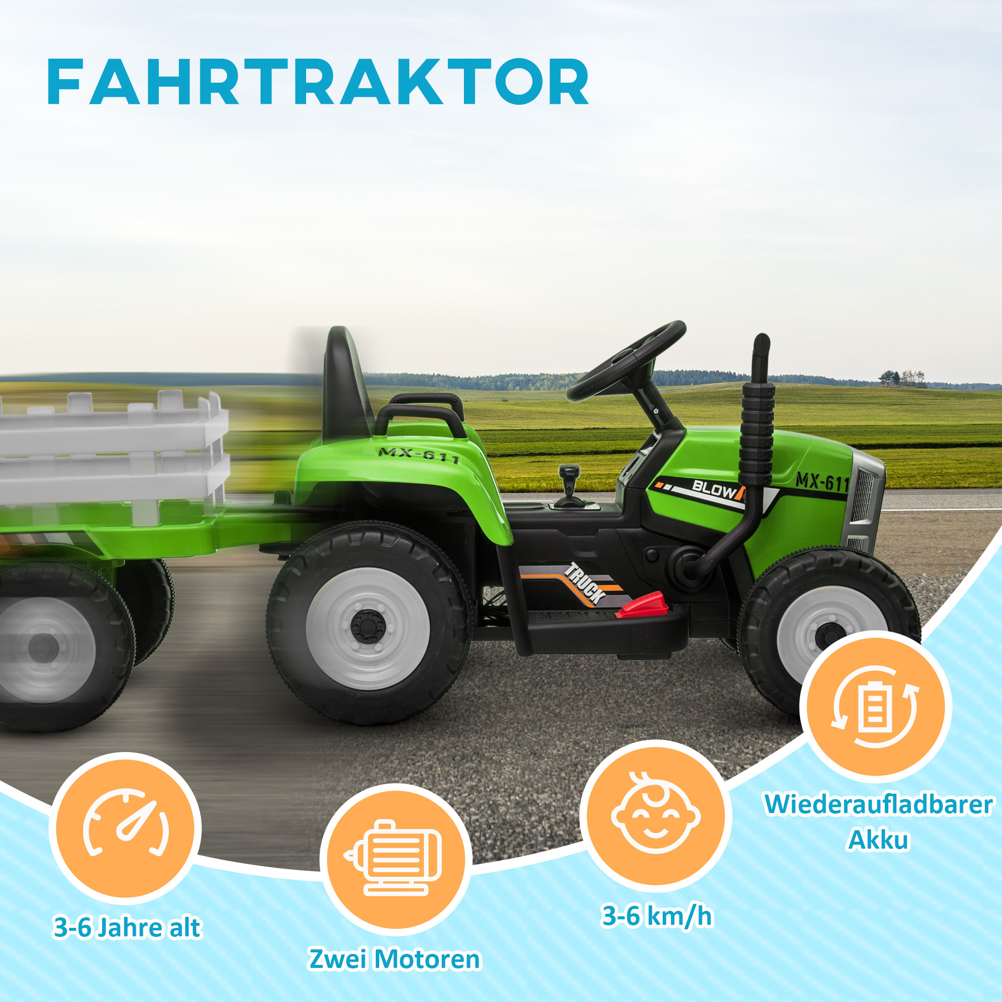 Kinderauto, Kinder-Traktor, inkl. Eltern-Fernbedienung, max. Geschwindigkeit von 6 km/h;, Grün + Schwarz