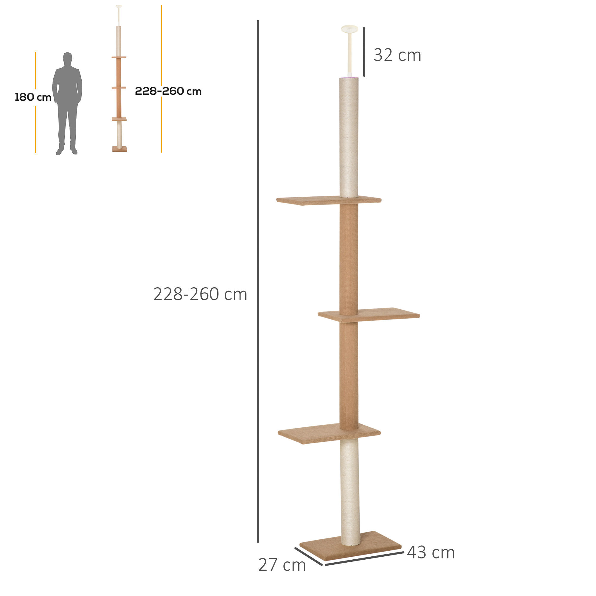 Kratzbaum Deckenhoch, 228-260 cm Höhenverstellbarer Katzenbaum Kletterbaum für Katzen mit 3 Ebenen, Katzenkratzbaum, Spielbaum vom Boden bis zur Decke Khaki