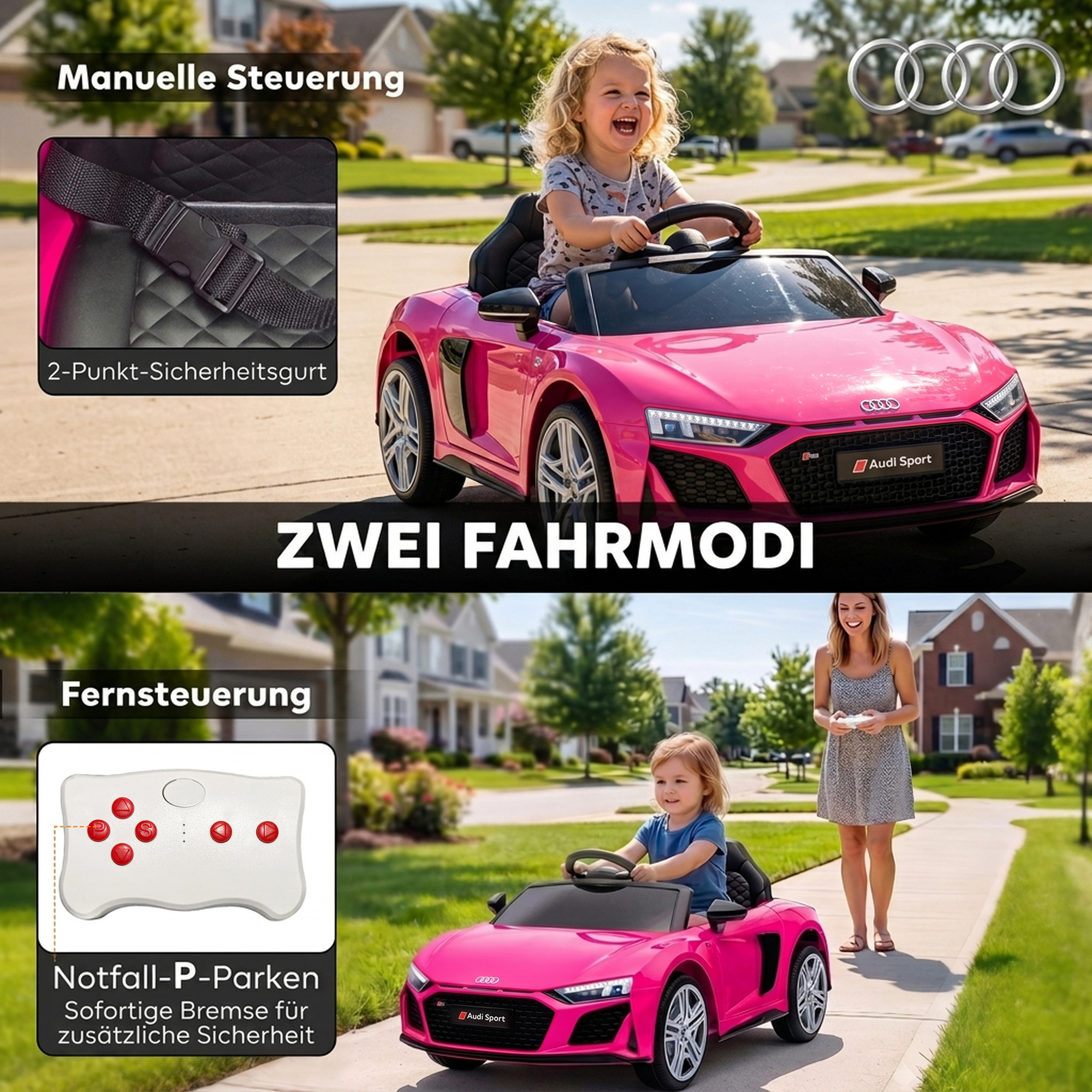 Kinder Elektroauto 12V Kinderauto mit Fernbedienung Lithium-Akku 2 Motor Sanftanlauf Hinterradfederung Rosa