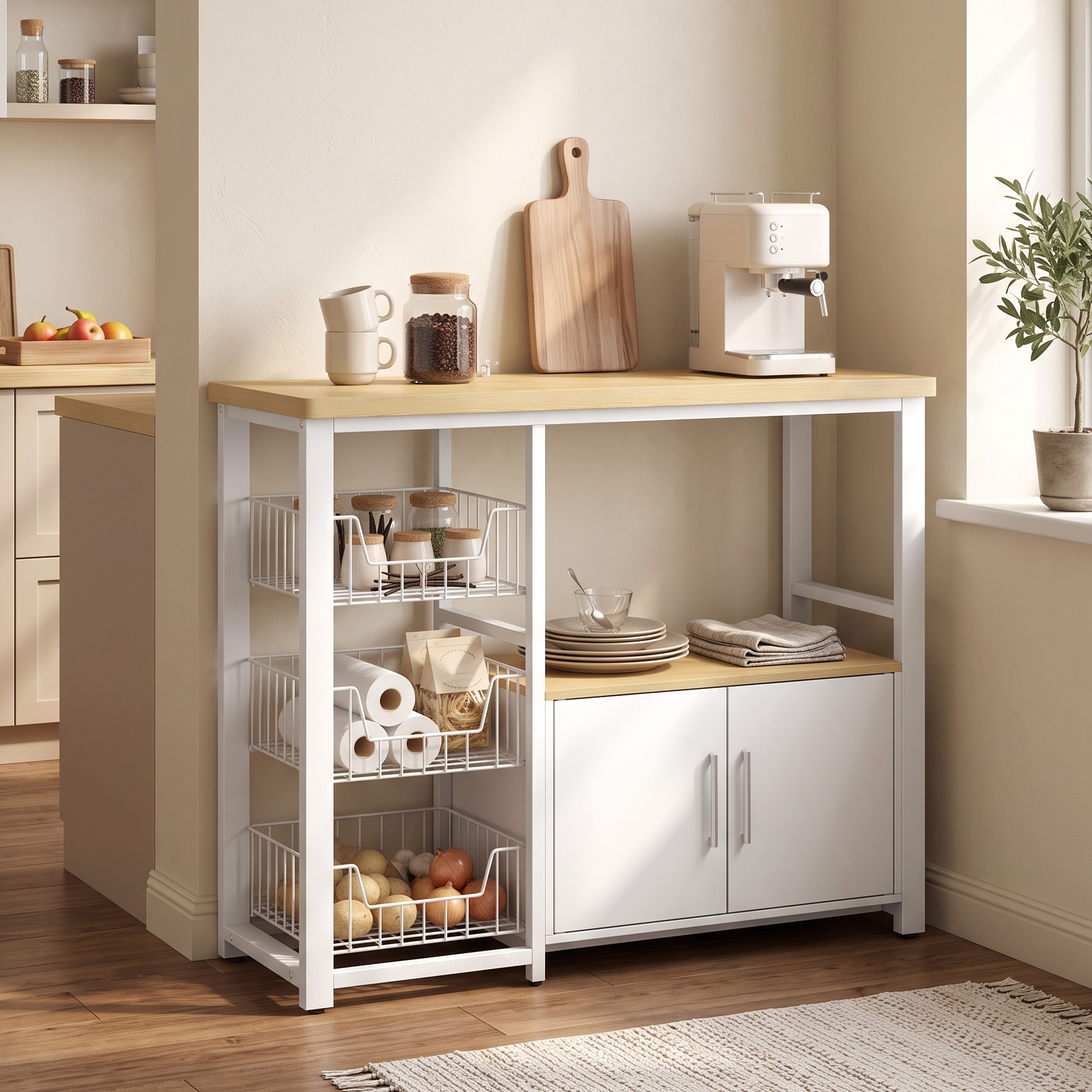 Küchenaufbewahrungsregal mit Schiebekörben und Schrank, Mikrowellenunterlage, 100 x 35 x 80 cm, weiß