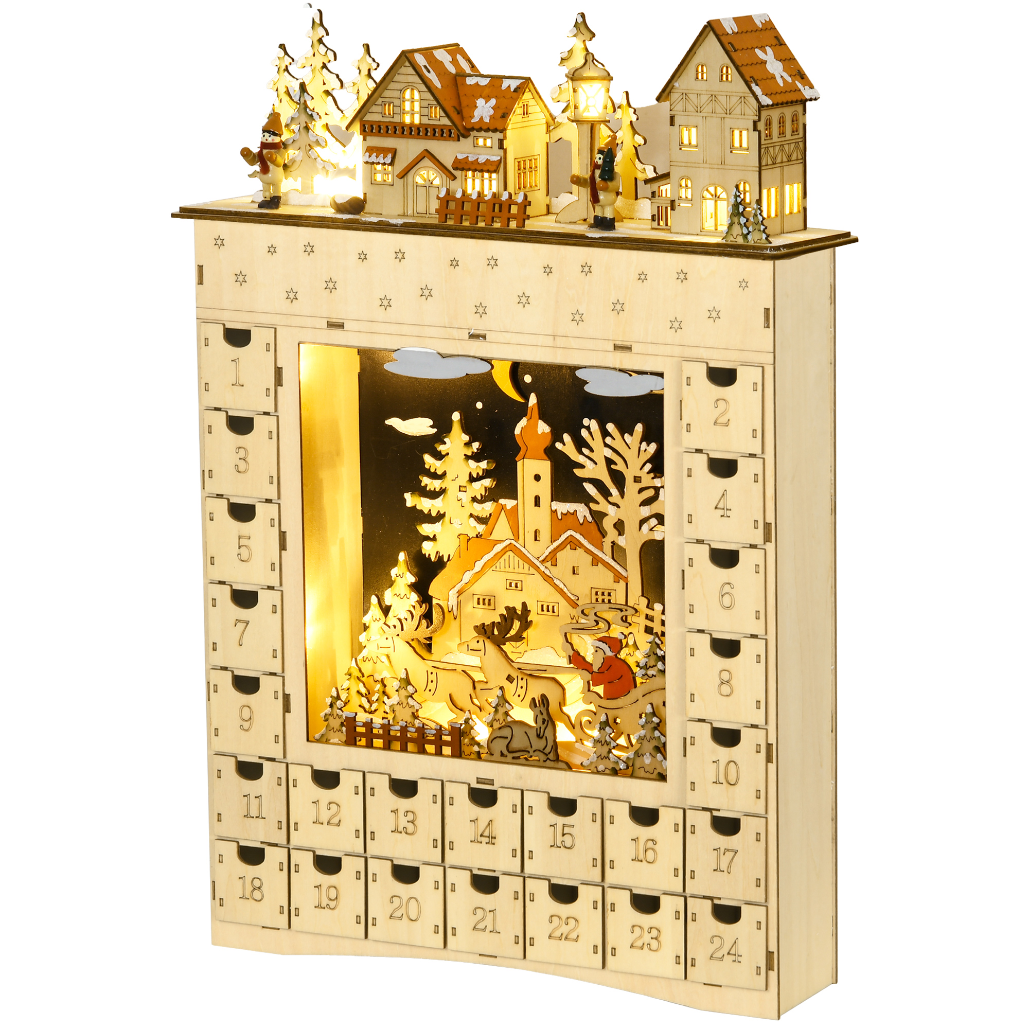 Adventskalender zum Befüllen 24 Schubladen Fächer Weihnachtskalender mit LED-Lichtern Naturholz 36 x 9 x 52 cm
