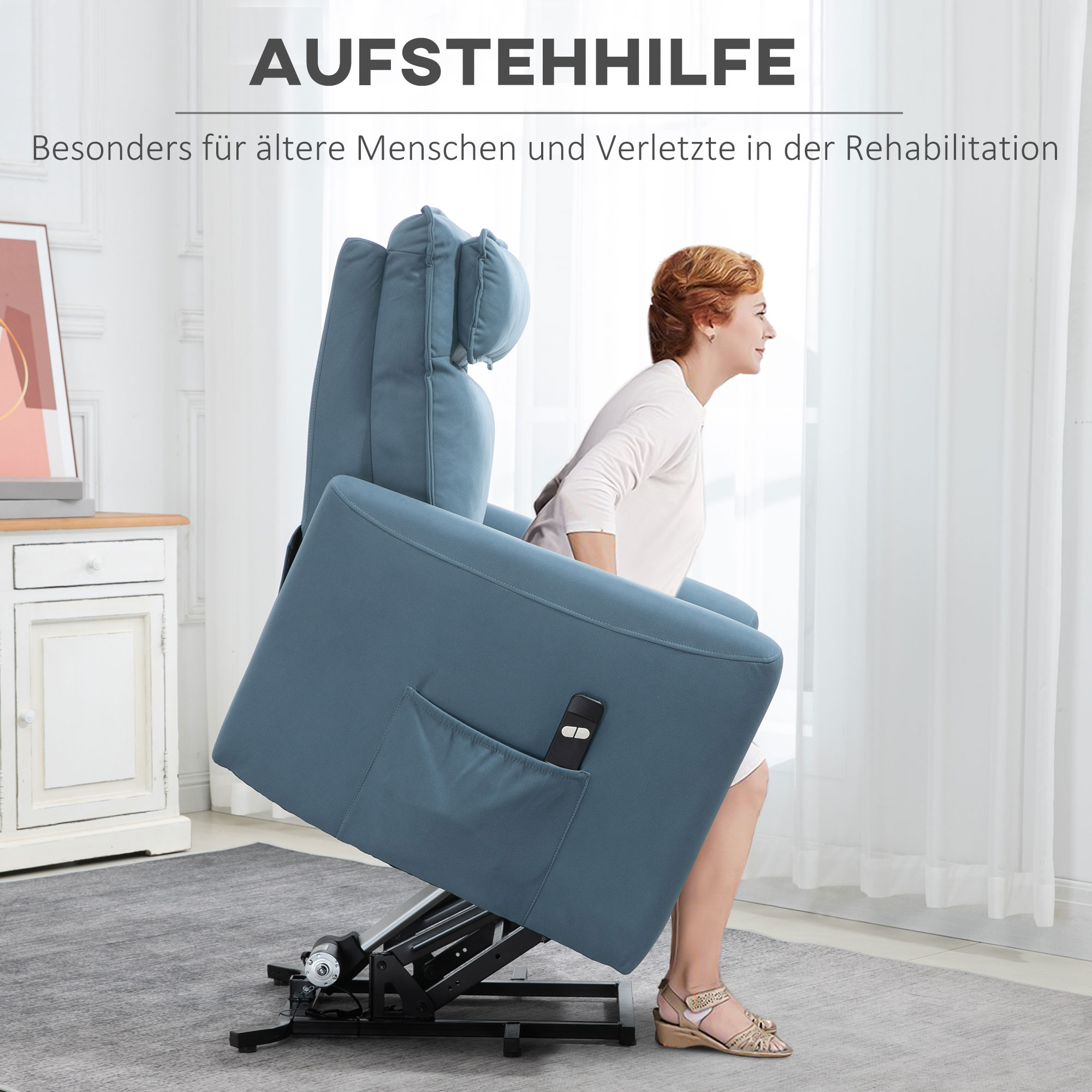 Aufstehhilfe Relaxsessel Fernsehsessel, integrierte Fußstütze, Seitentasche, Kabelfernbedienung, 84 x 89,5 x 105 cm,Blau