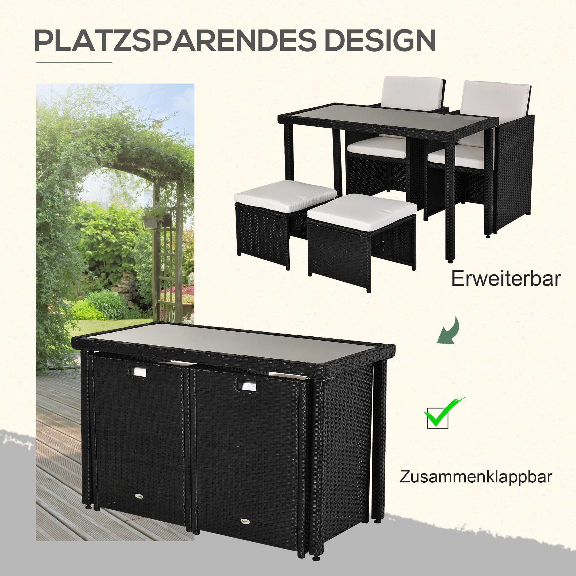 Polyrattan Sitzgruppe Essgruppe Gartenset Garnitur 11 tlg, mit Kissen Schwarz