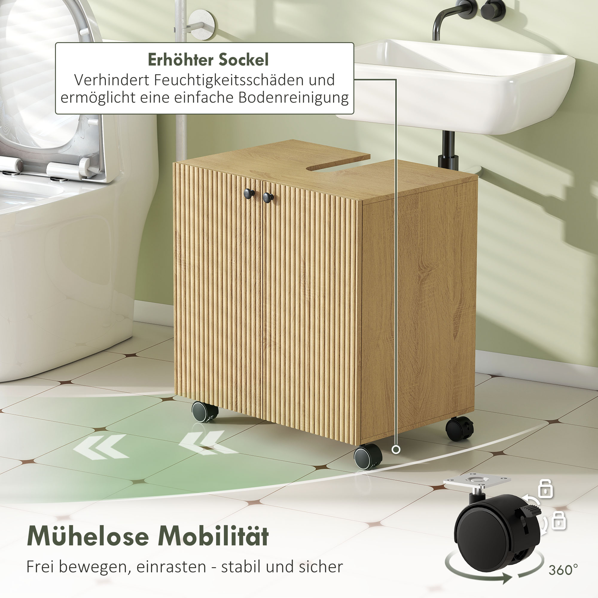 Waschbecken-Unterschrank für Badezimmer, 3-stufiges Regal, Räder, Holz