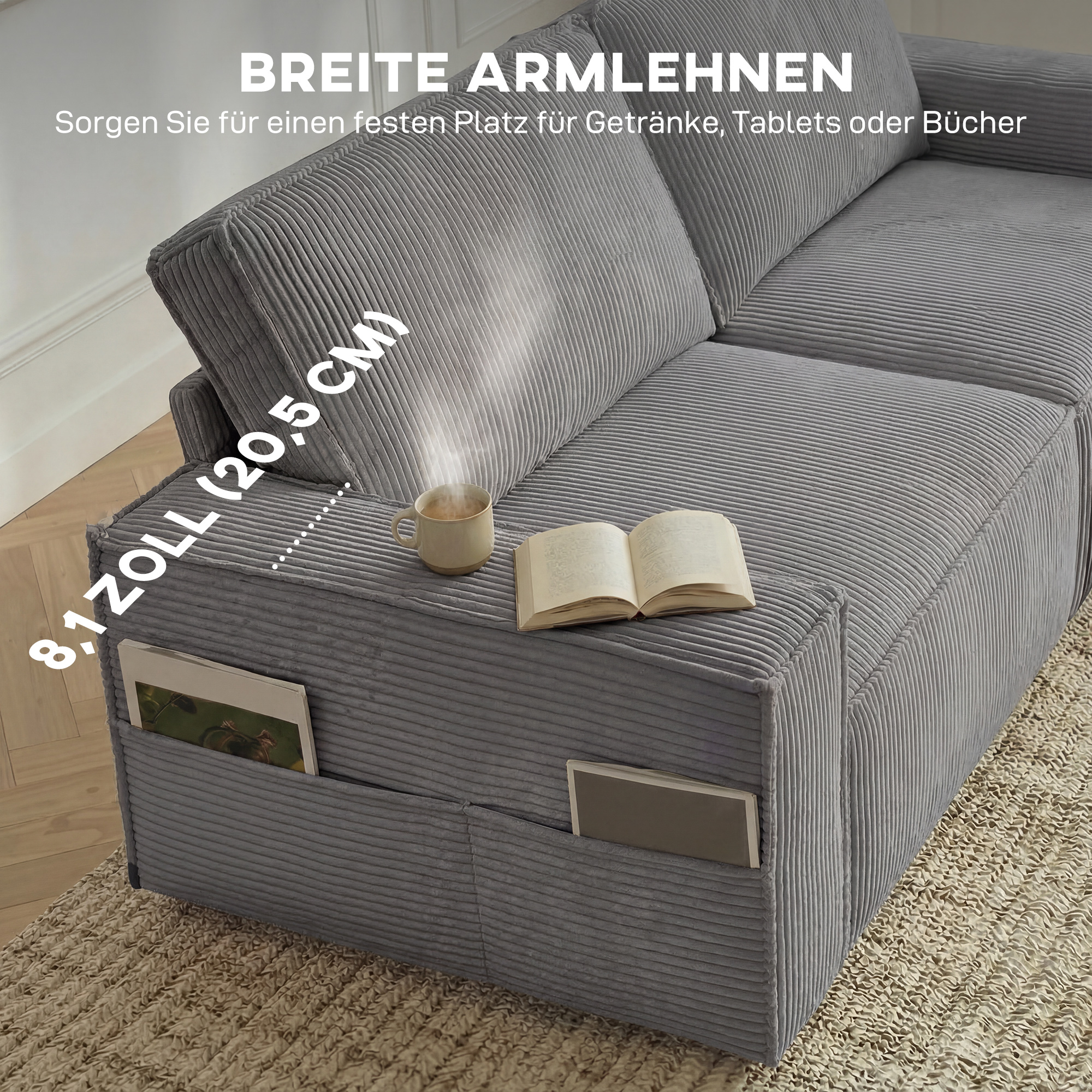 218 cm 3-Sitzer Sofa, modernes Cord-Sofa mit Taschenfeder-Polsterung, breiten Armlehnen und 2 Kissen, hellgrau