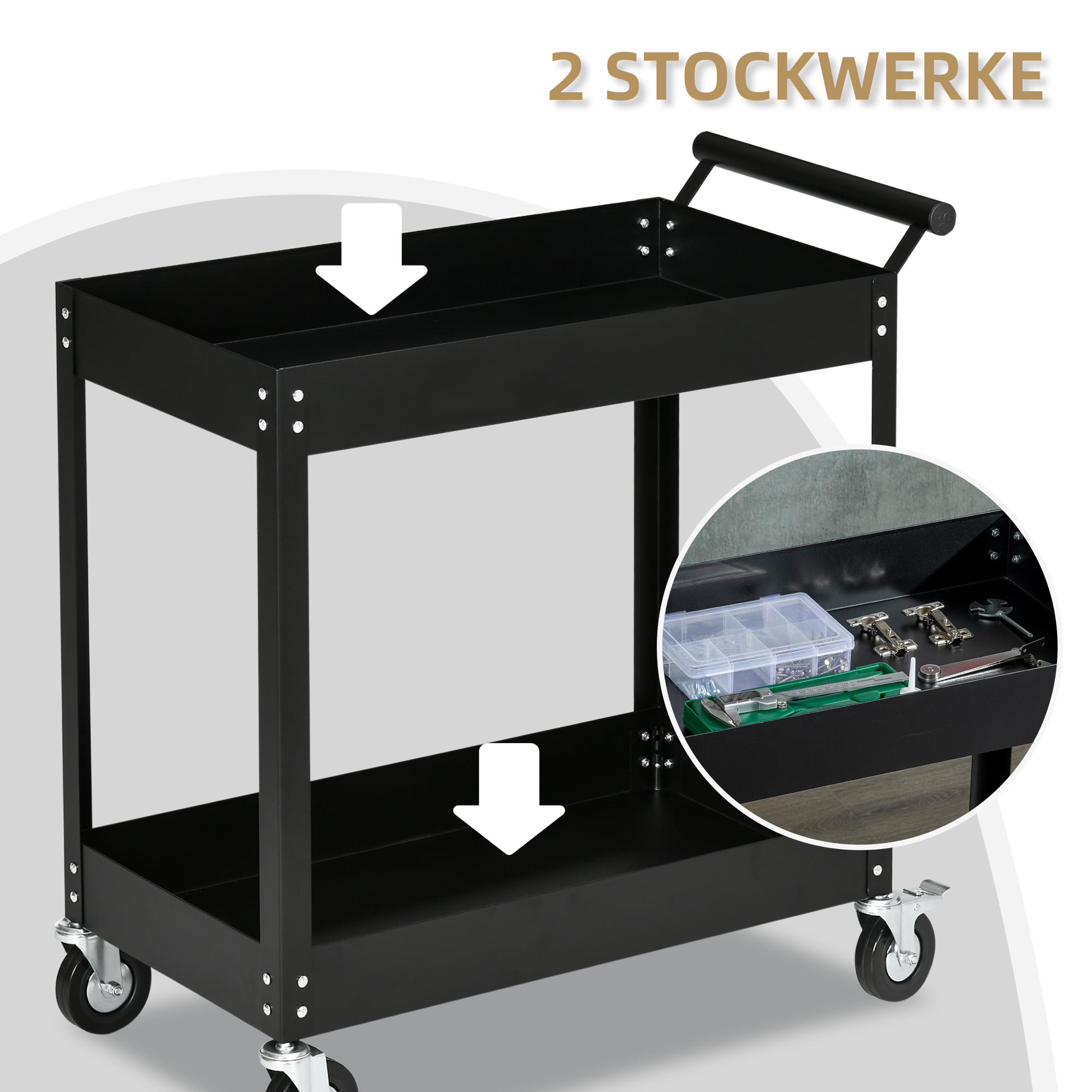 Werkstattwagen, 2 Etagen, Schubkarre, 4 Rollen, Stahl, bis 150 kg, 84,5 x 38 x 84 cm, Schwarz