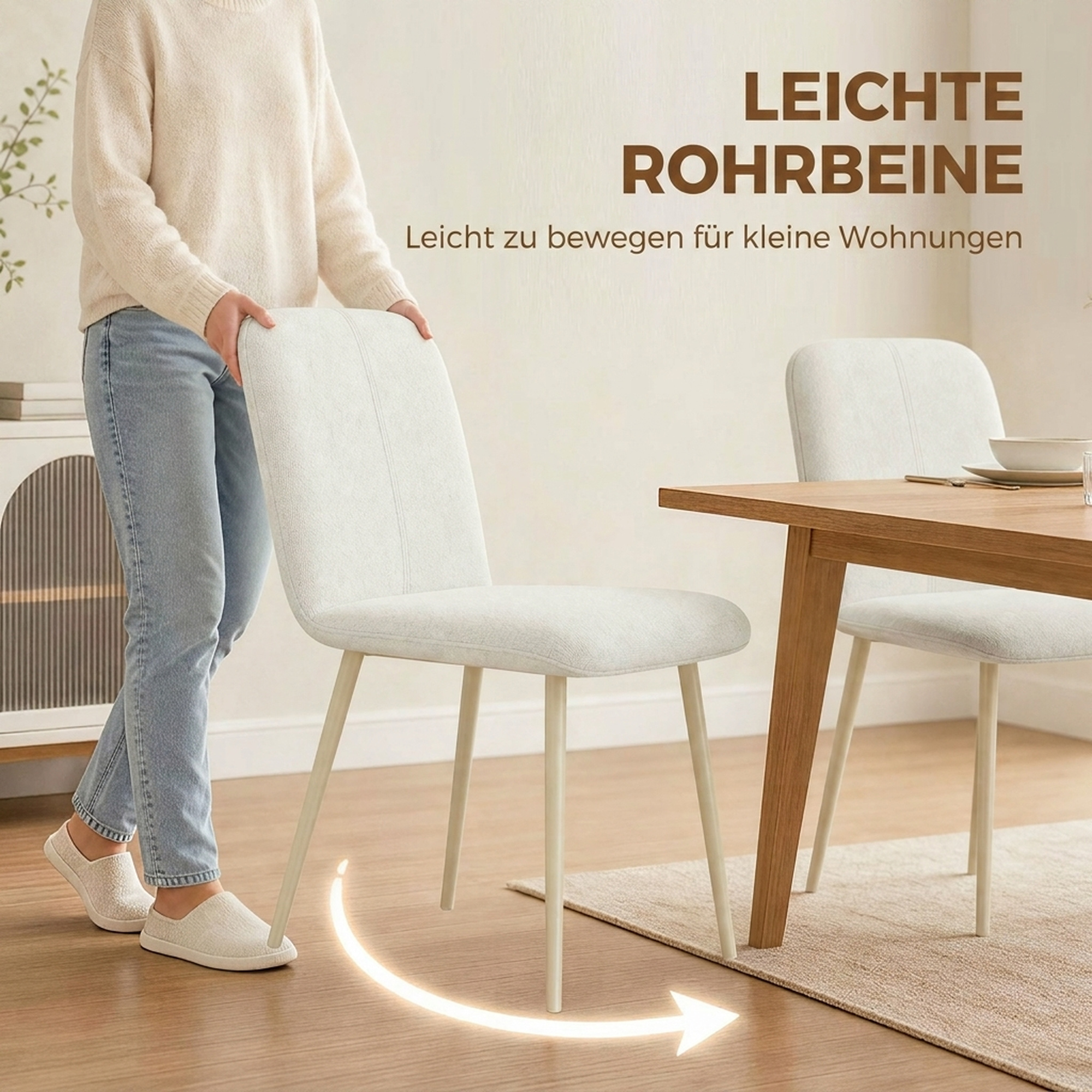 Esszimmerstühle 2er-Set, gepolsterte Küchenstühle in Leinenoptik mit leichten Beinen, Creme