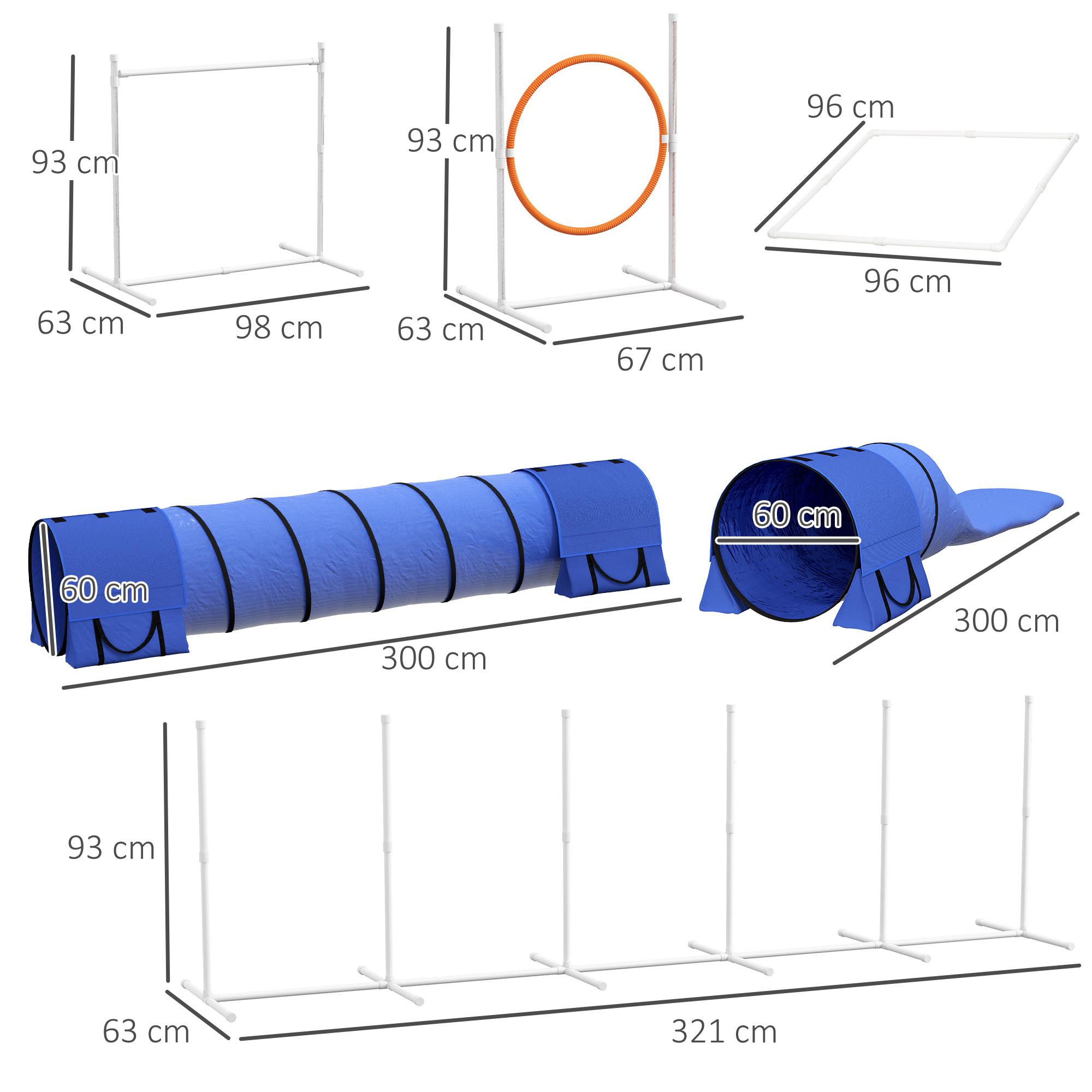 Hunde-Agiliy-Set Hundeparcours, 1 Reifen,  2 Tunnel 2 Hürden, 321 cm x 63c m x 93 cm, Blau + Rot+ Weiß