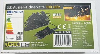 LED Aussen-Lichterkette "CT-ALK100" 10m / warmweiß, Kabel schwarz, IP44, 100 LEDs