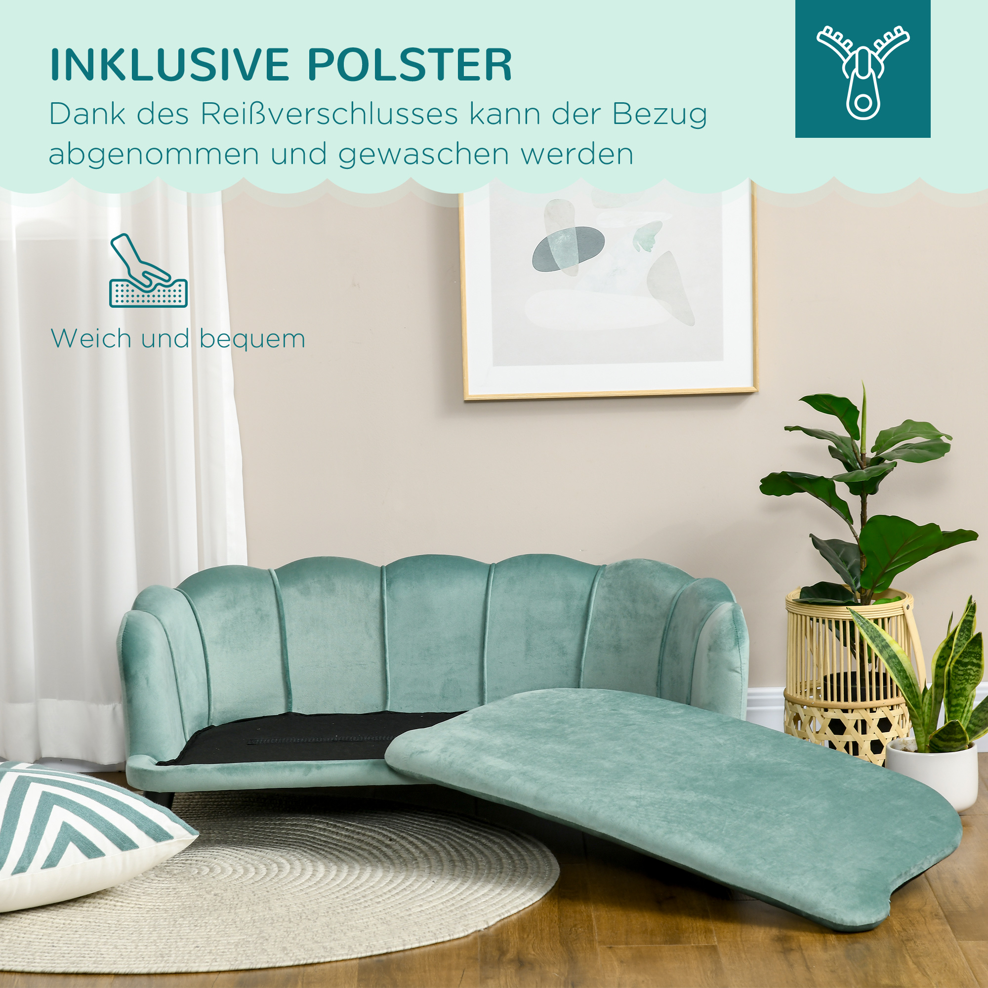 Haustiersofa für mittelgroße und große Hunde bis 25 kg, robustes Holz, gepolstert, Grün
