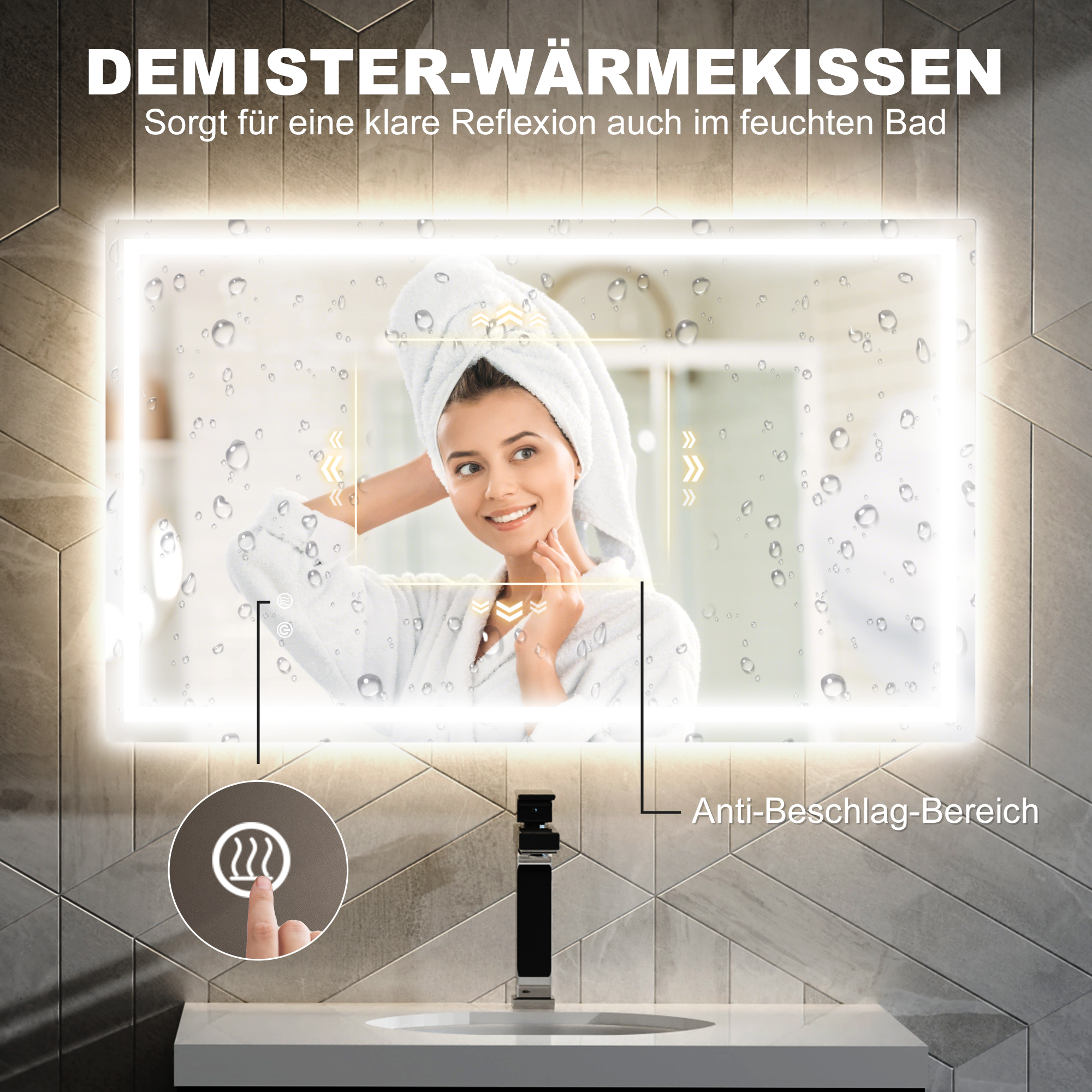 LED-Badezimmerspiegel, einstellbare Helligkeit, Antibeschlag-Funktion, wasserfest